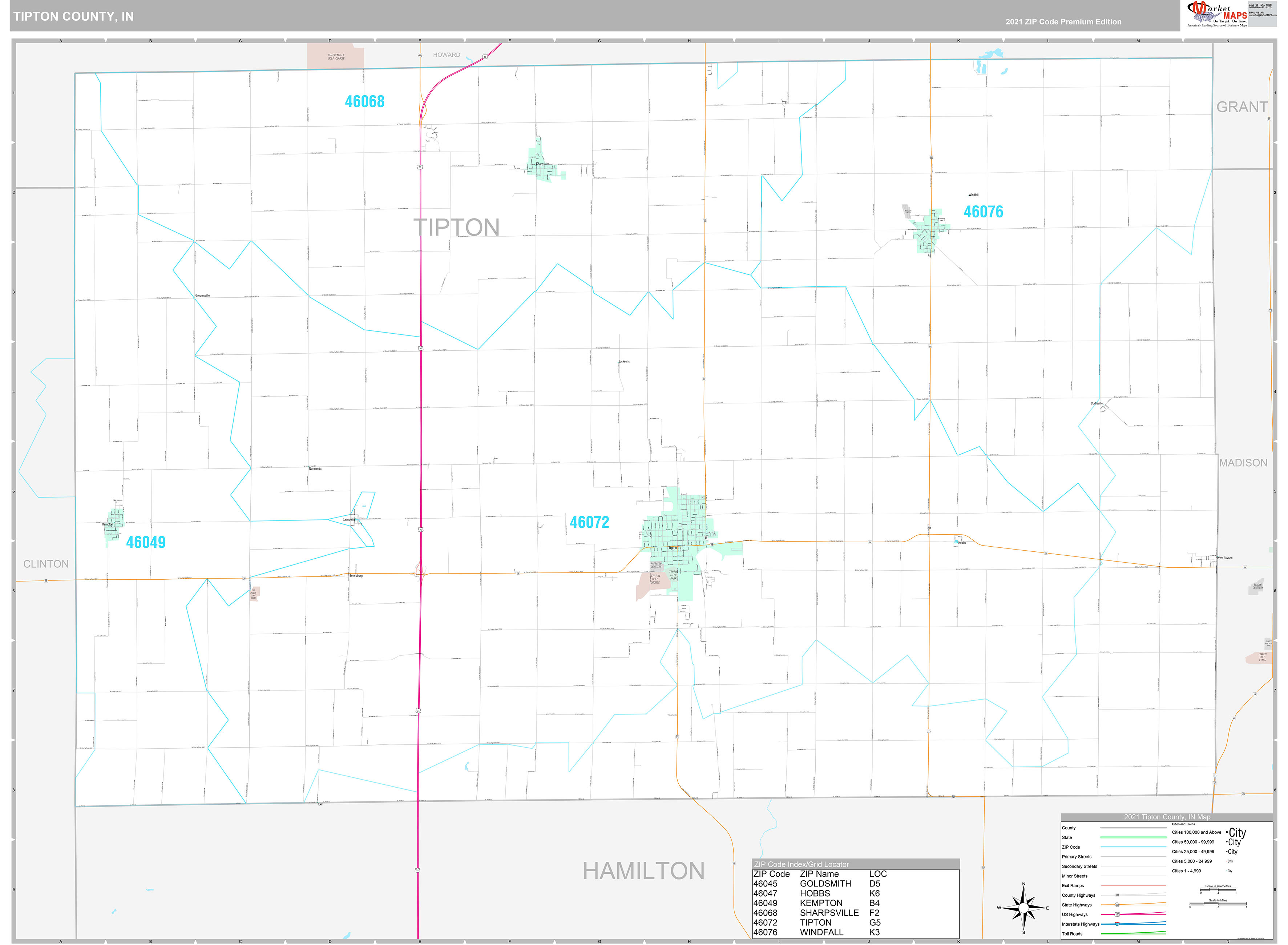 Tipton County, IN Wall Map Premium Style by MarketMAPS