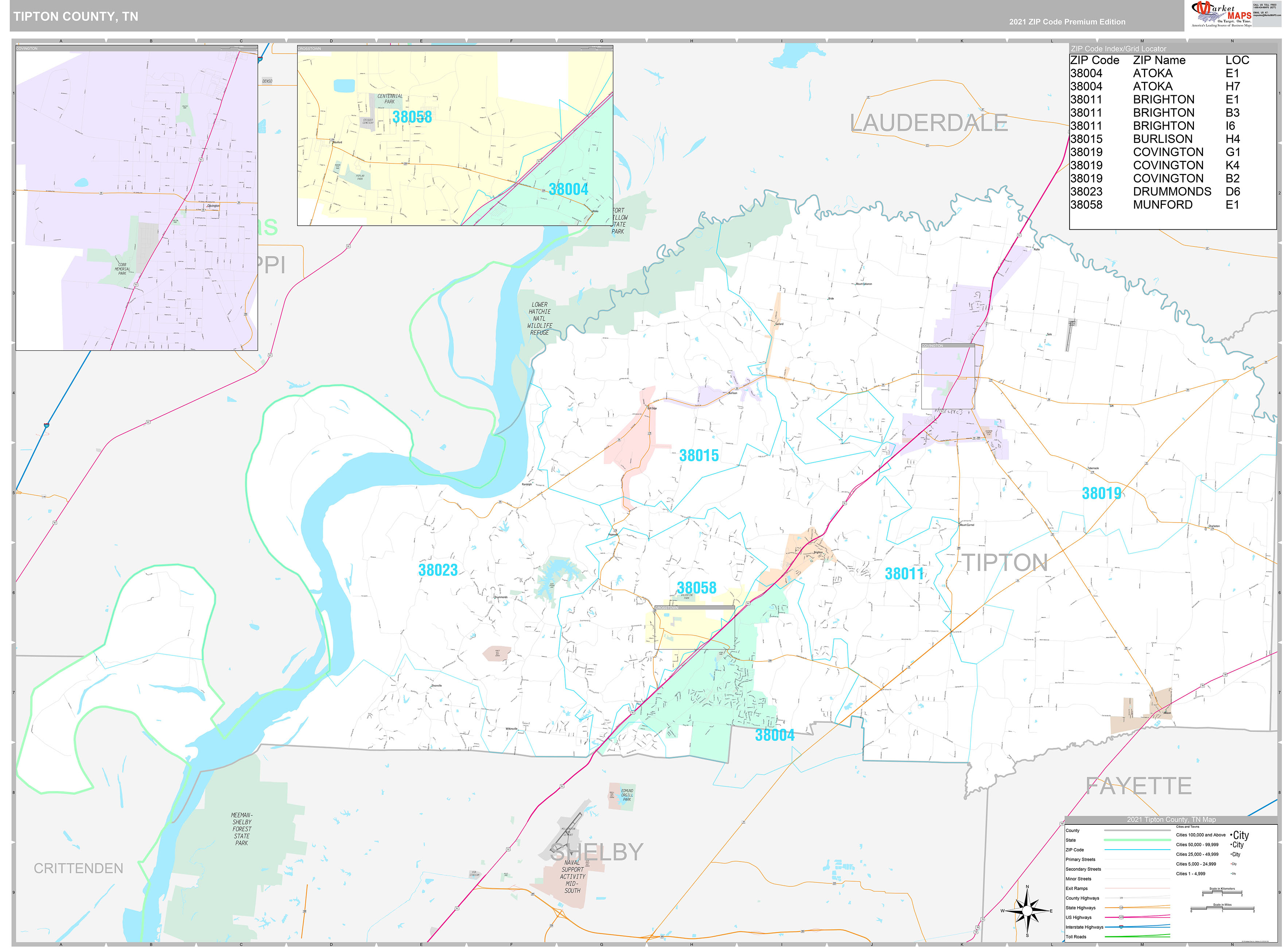 Tipton County, TN Wall Map Premium Style by MarketMAPS