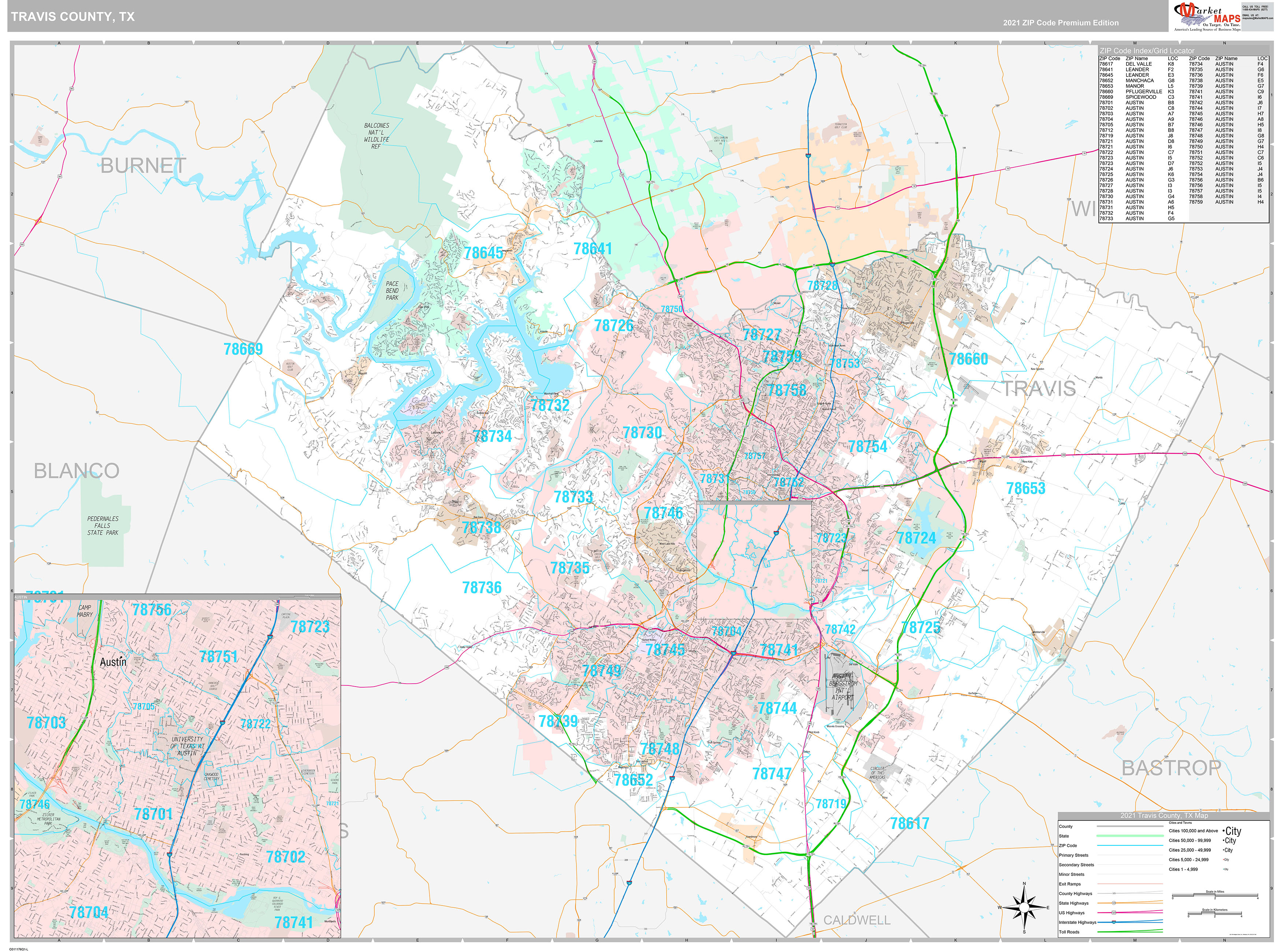 Travis County, TX Wall Map Premium Style by MarketMAPS - MapSales