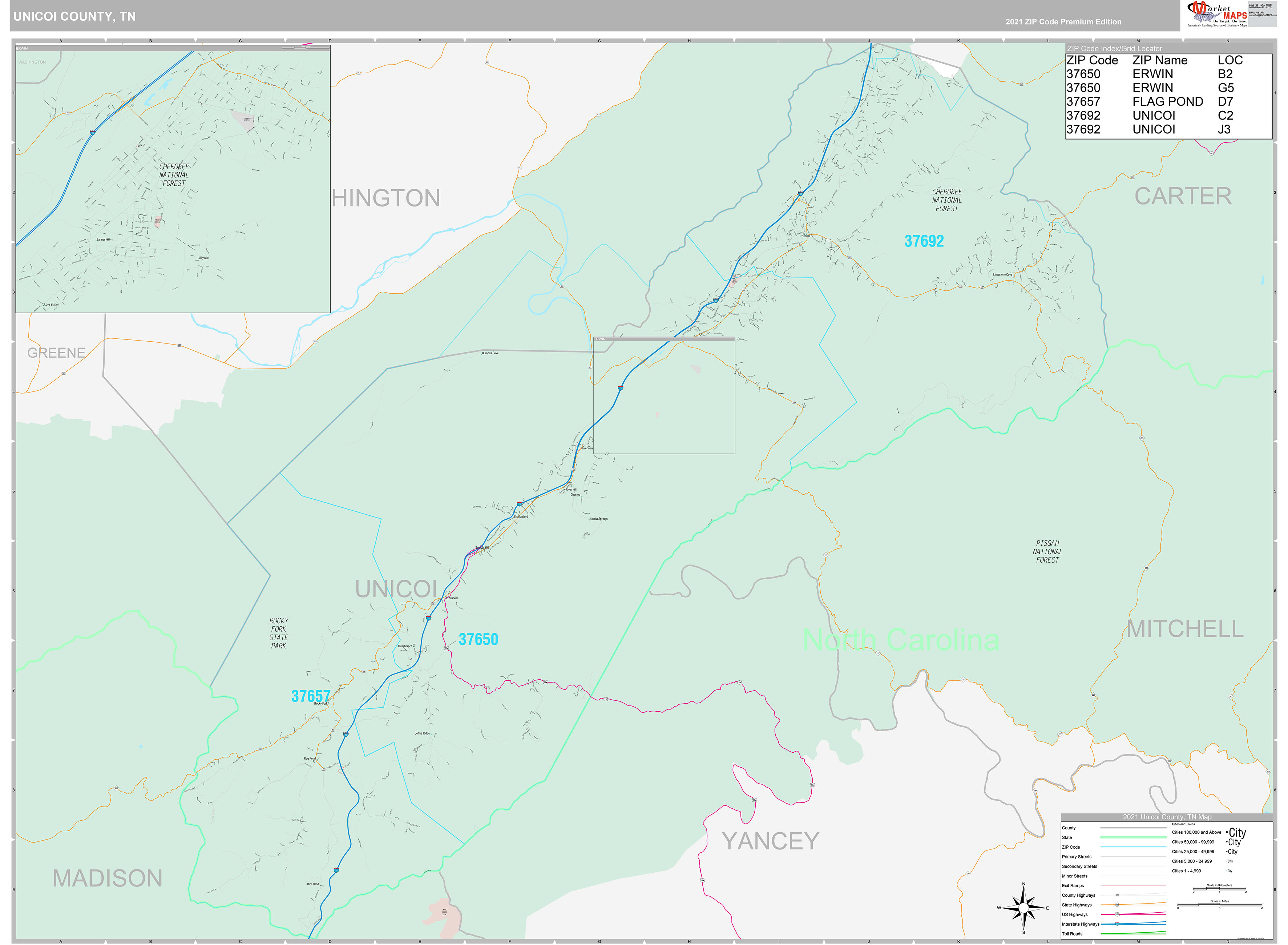 Unicoi County, TN Wall Map Premium Style by MarketMAPS