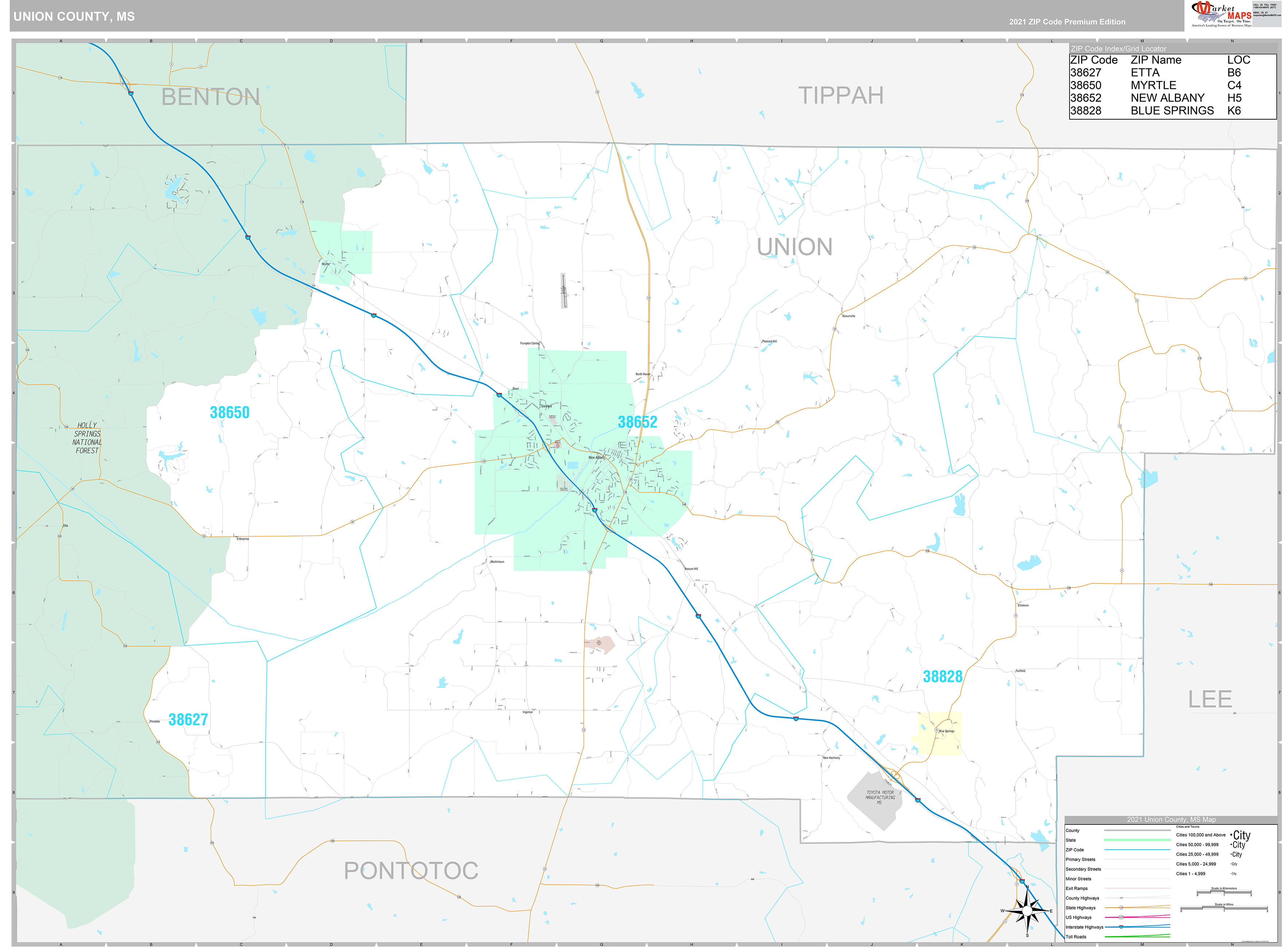 Union County, MS Wall Map Premium Style by MarketMAPS MapSales