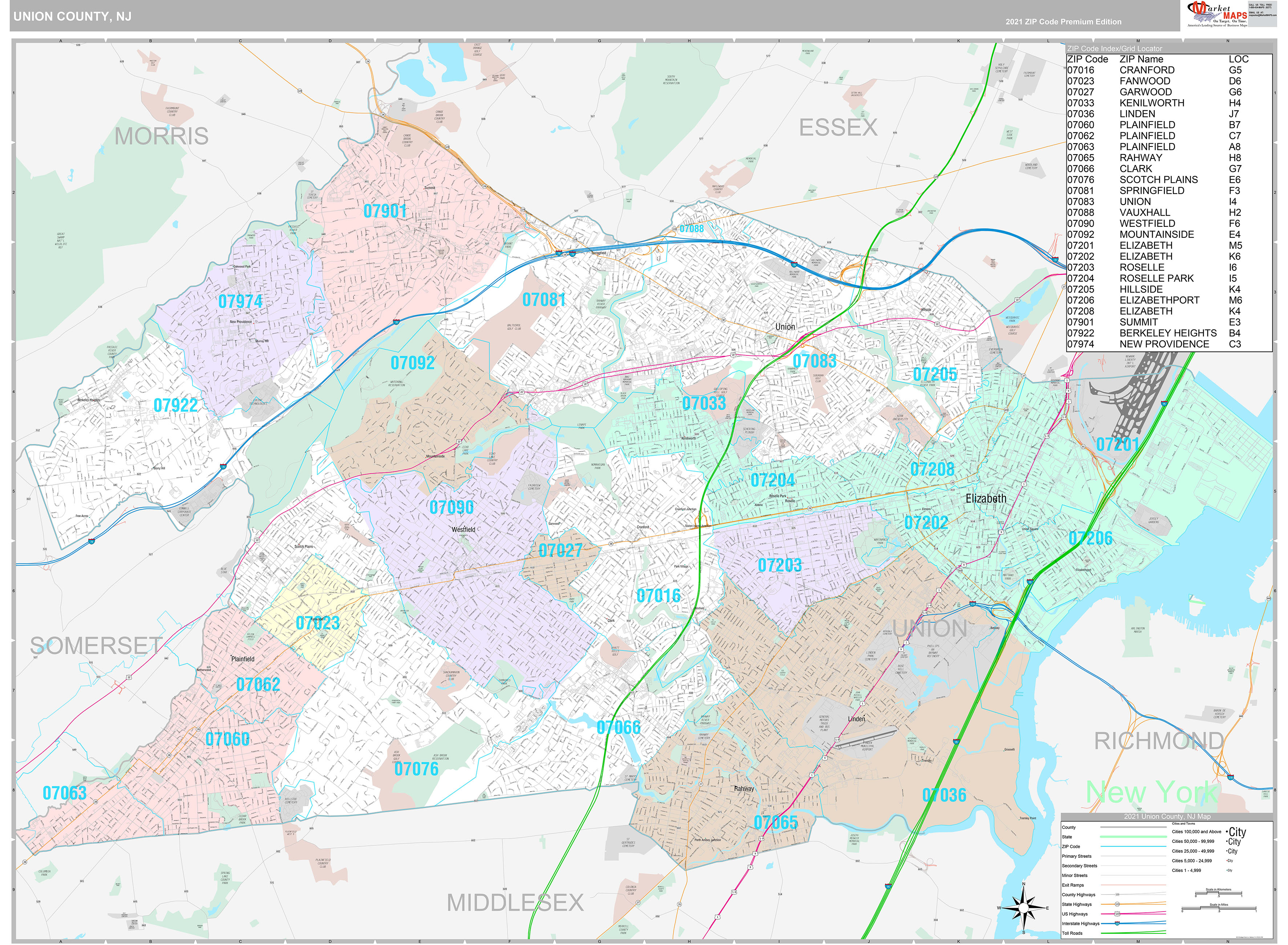 Union County, NJ Wall Map Premium Style by MarketMAPS