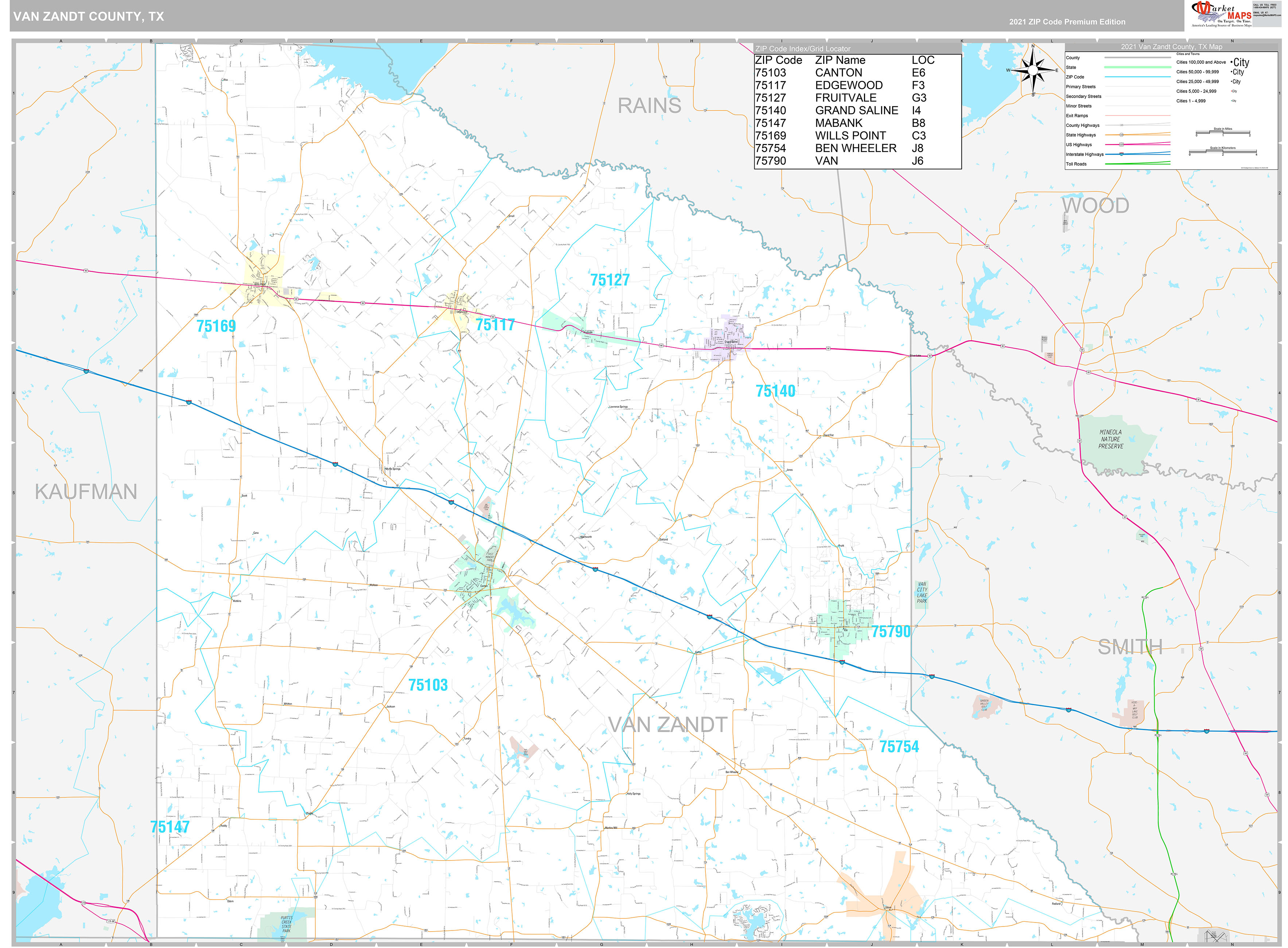 Van Zandt County, TX Wall Map Premium Style by MarketMAPS MapSales