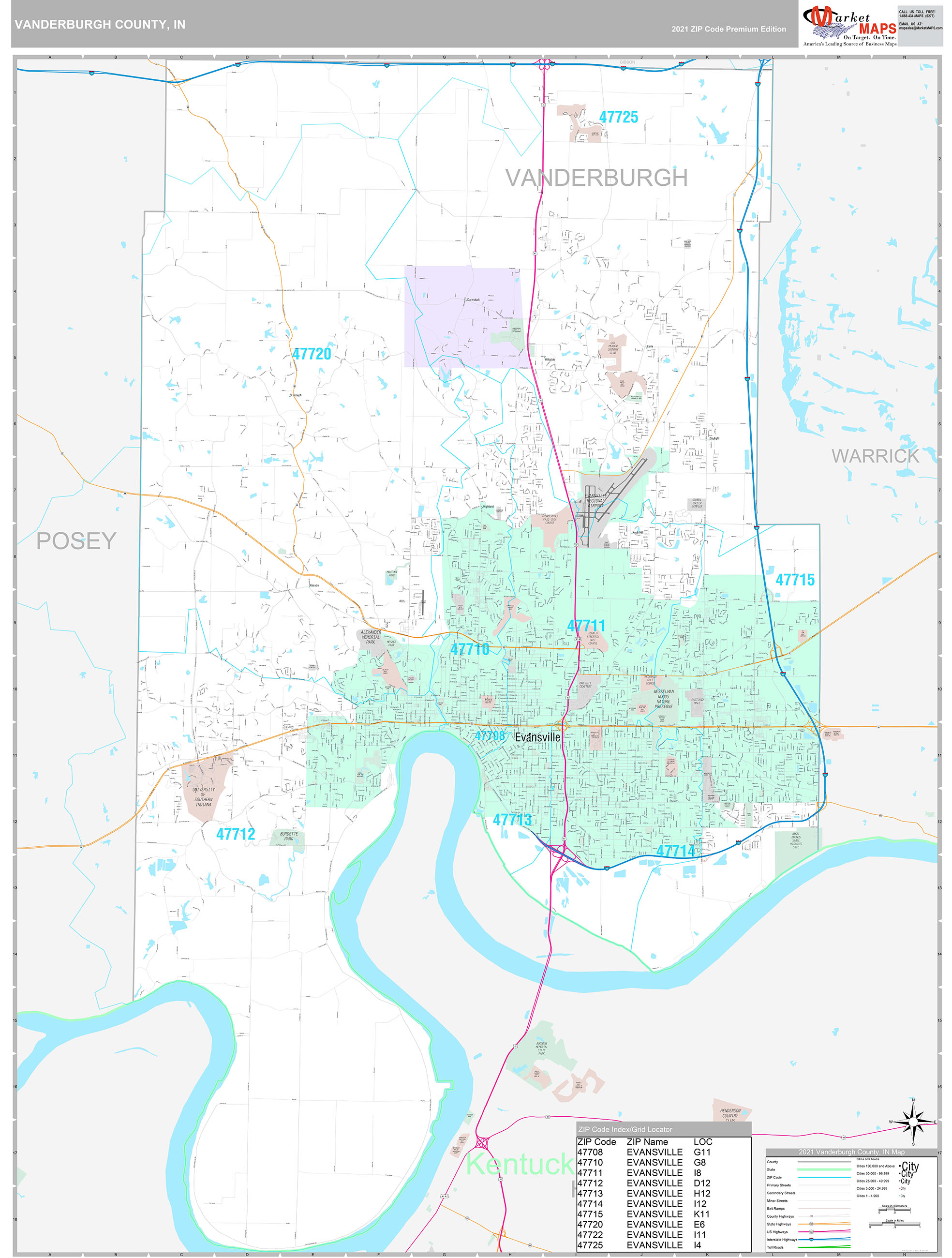 Vanderburgh County, IN Wall Map Premium Style by MarketMAPS - MapSales