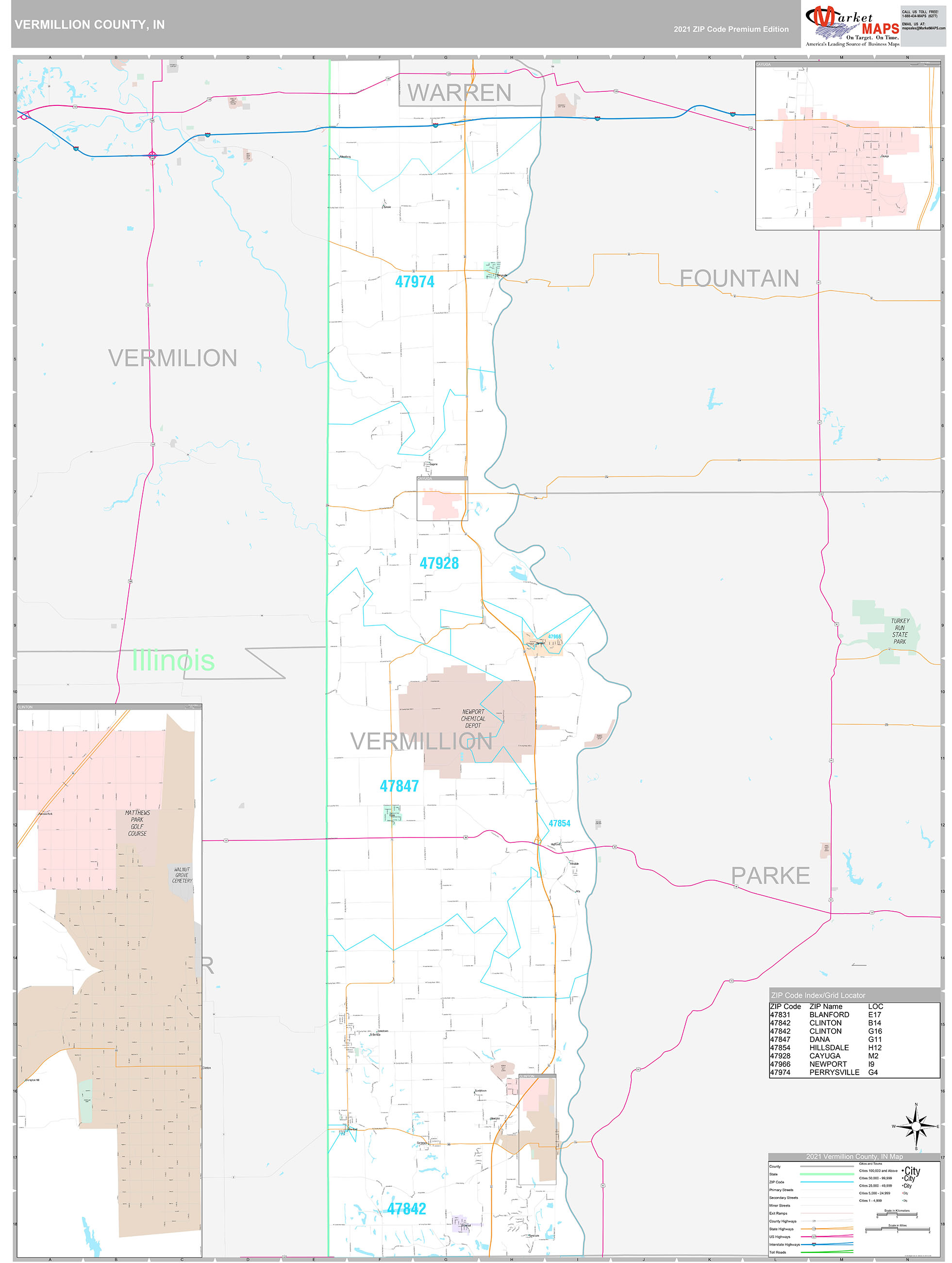 Vermillion County, IN Wall Map Premium Style by MarketMAPS MapSales