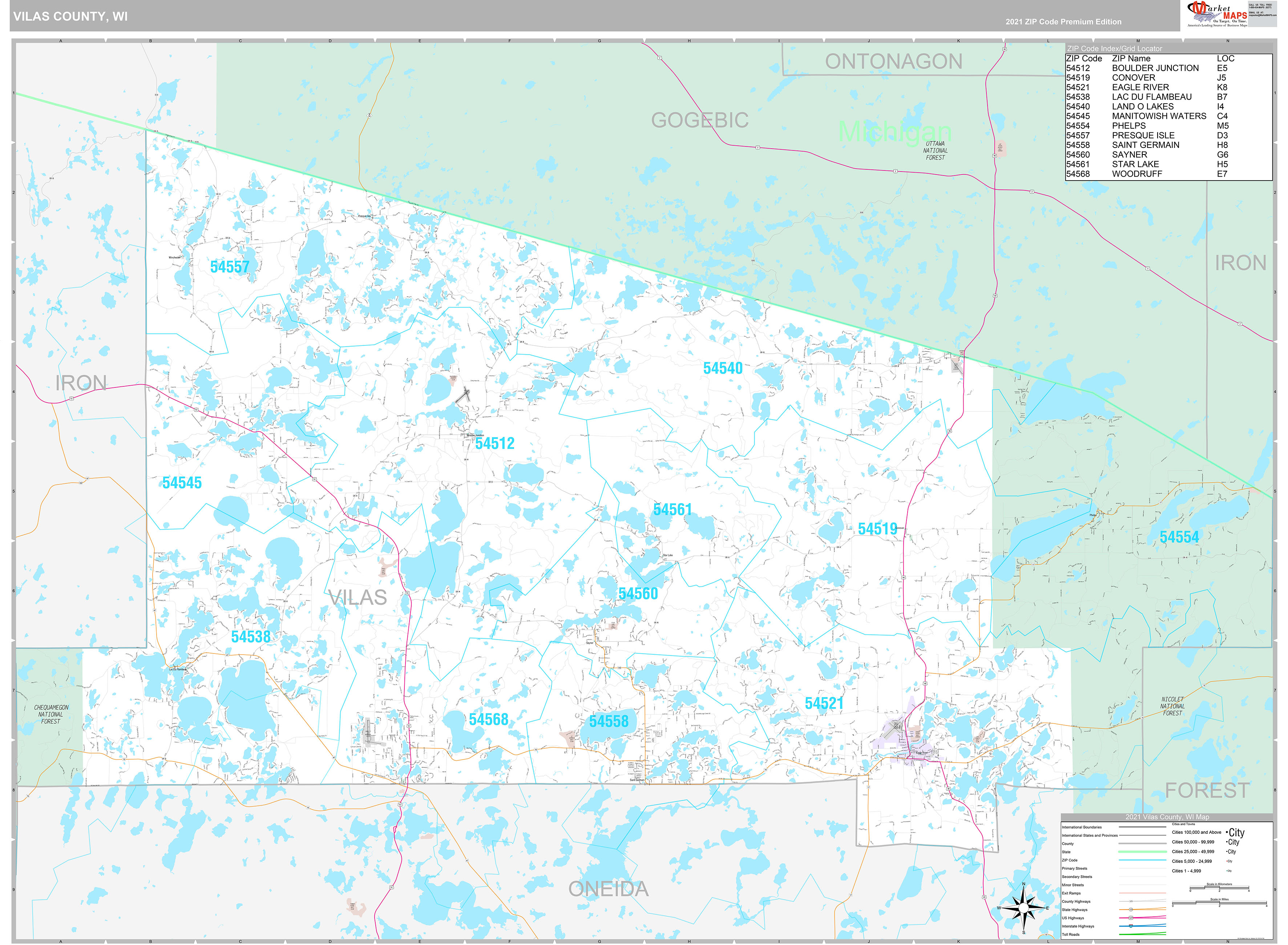 Vilas County, WI Wall Map Premium Style by MarketMAPS