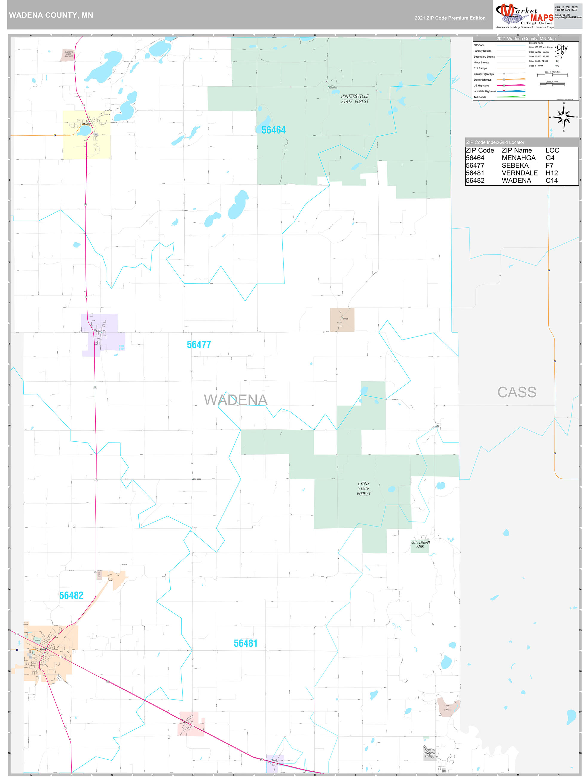 Wadena County, MN Wall Map Premium Style by MarketMAPS