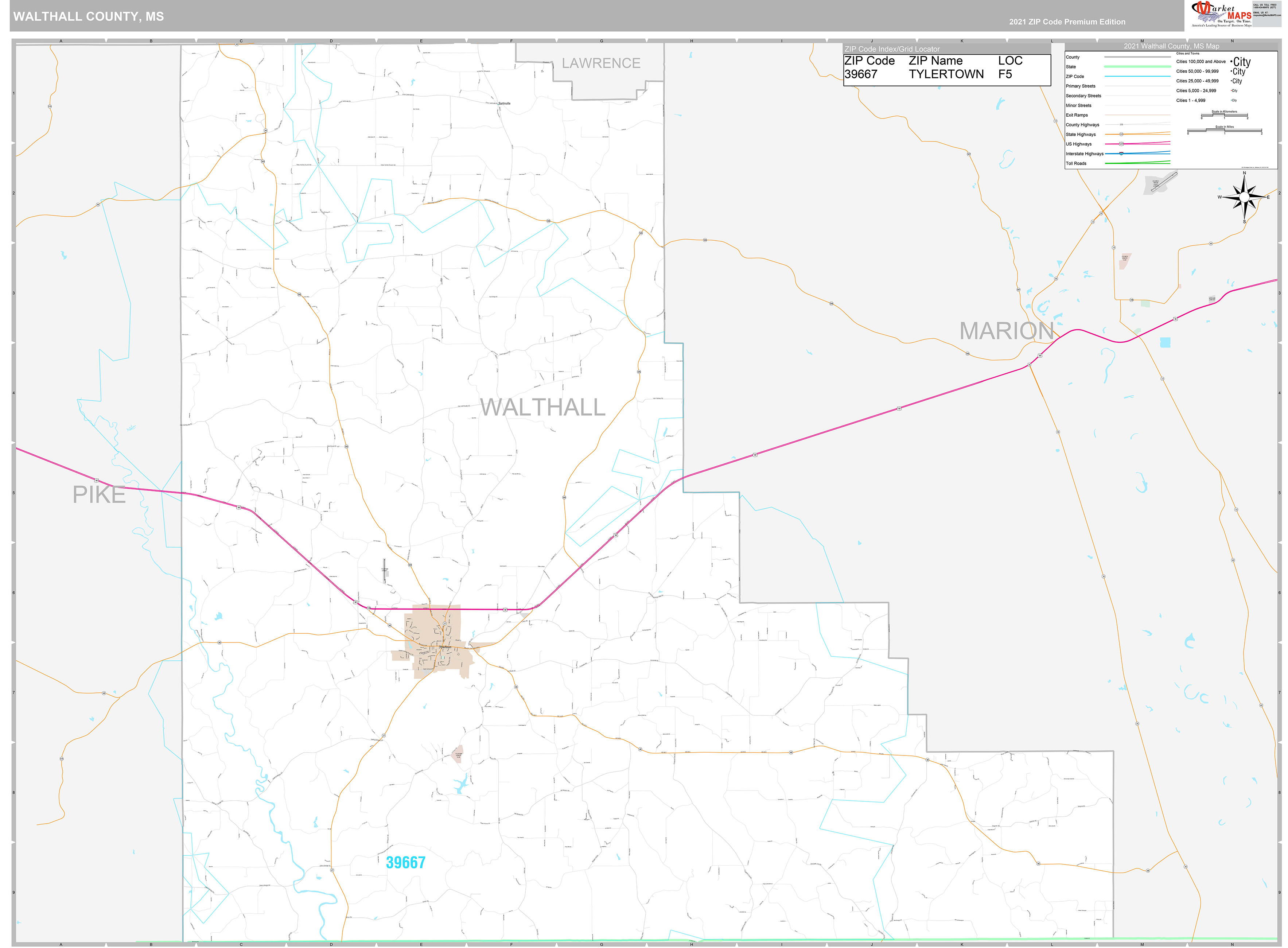 Walthall County, MS Wall Map Premium Style by MarketMAPS