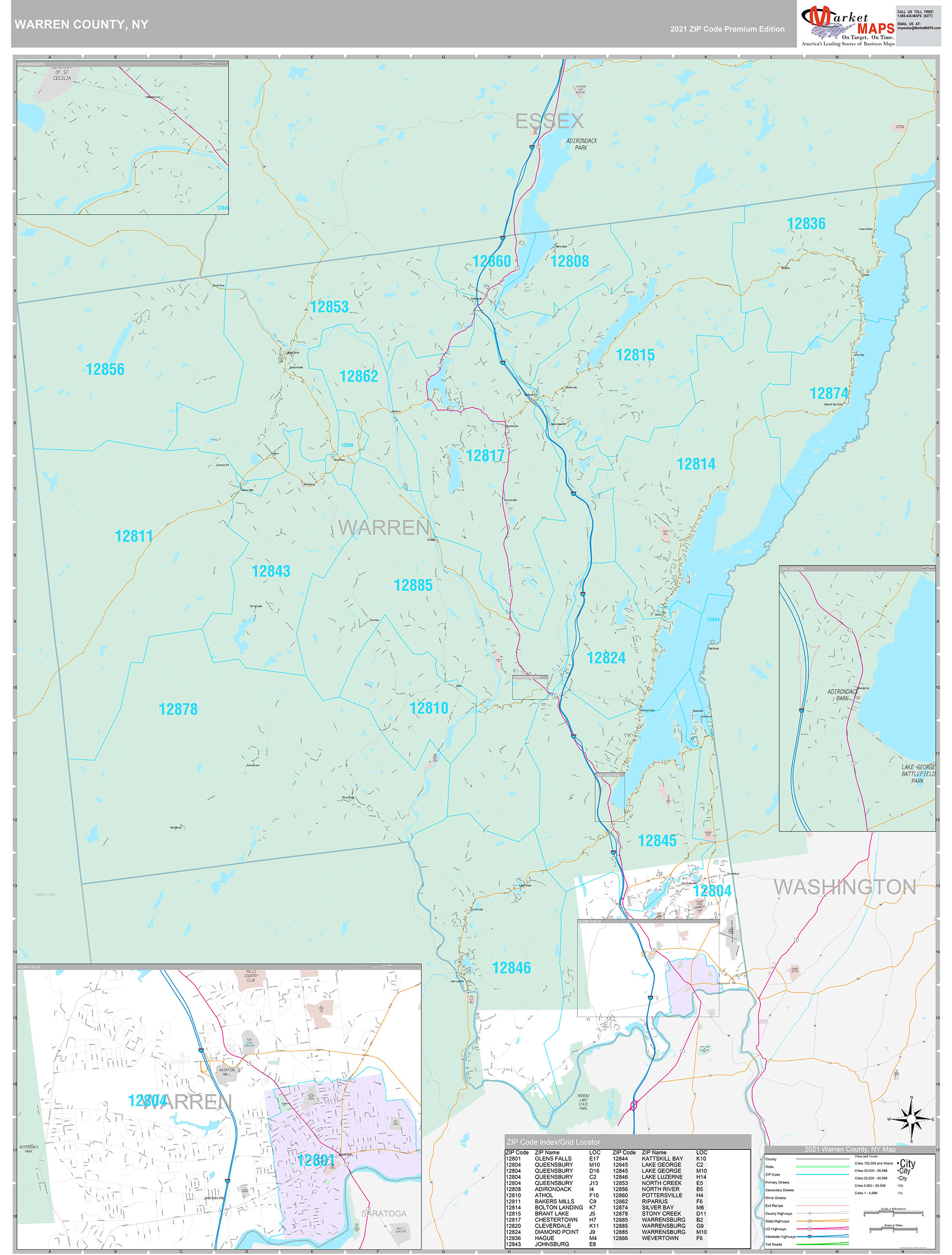 Warren County, NY Wall Map Premium Style by MarketMAPS