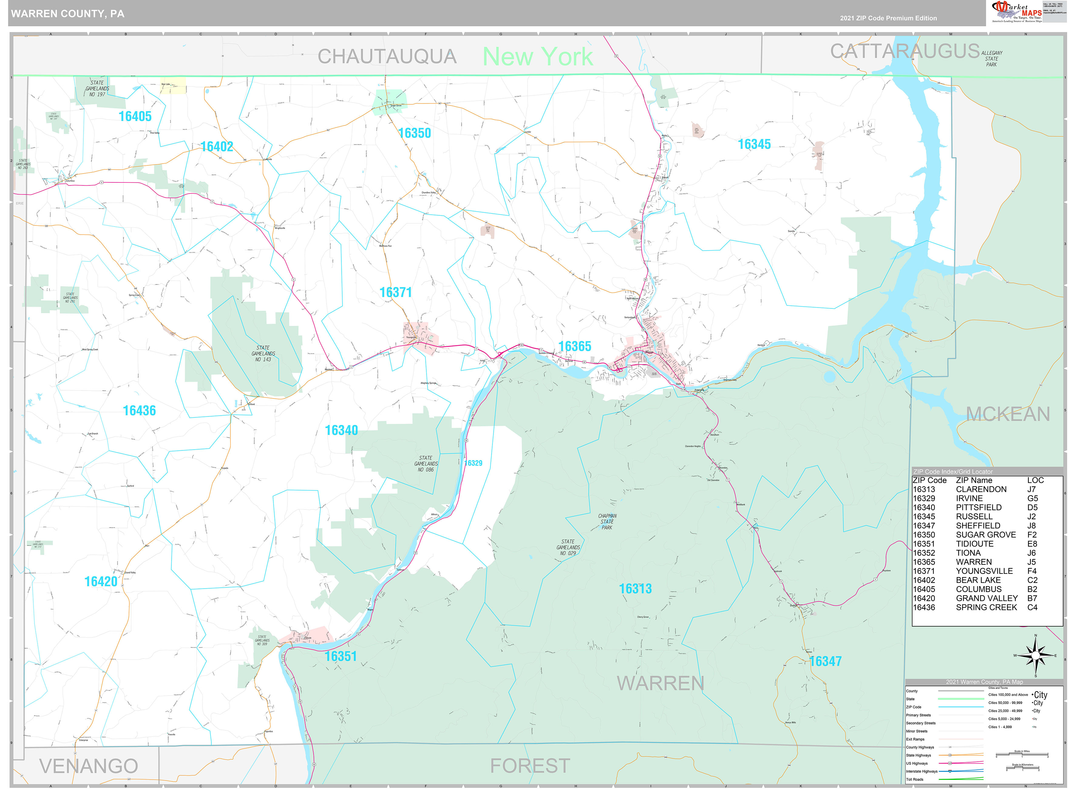 Warren County, PA Wall Map Premium Style by MarketMAPS MapSales