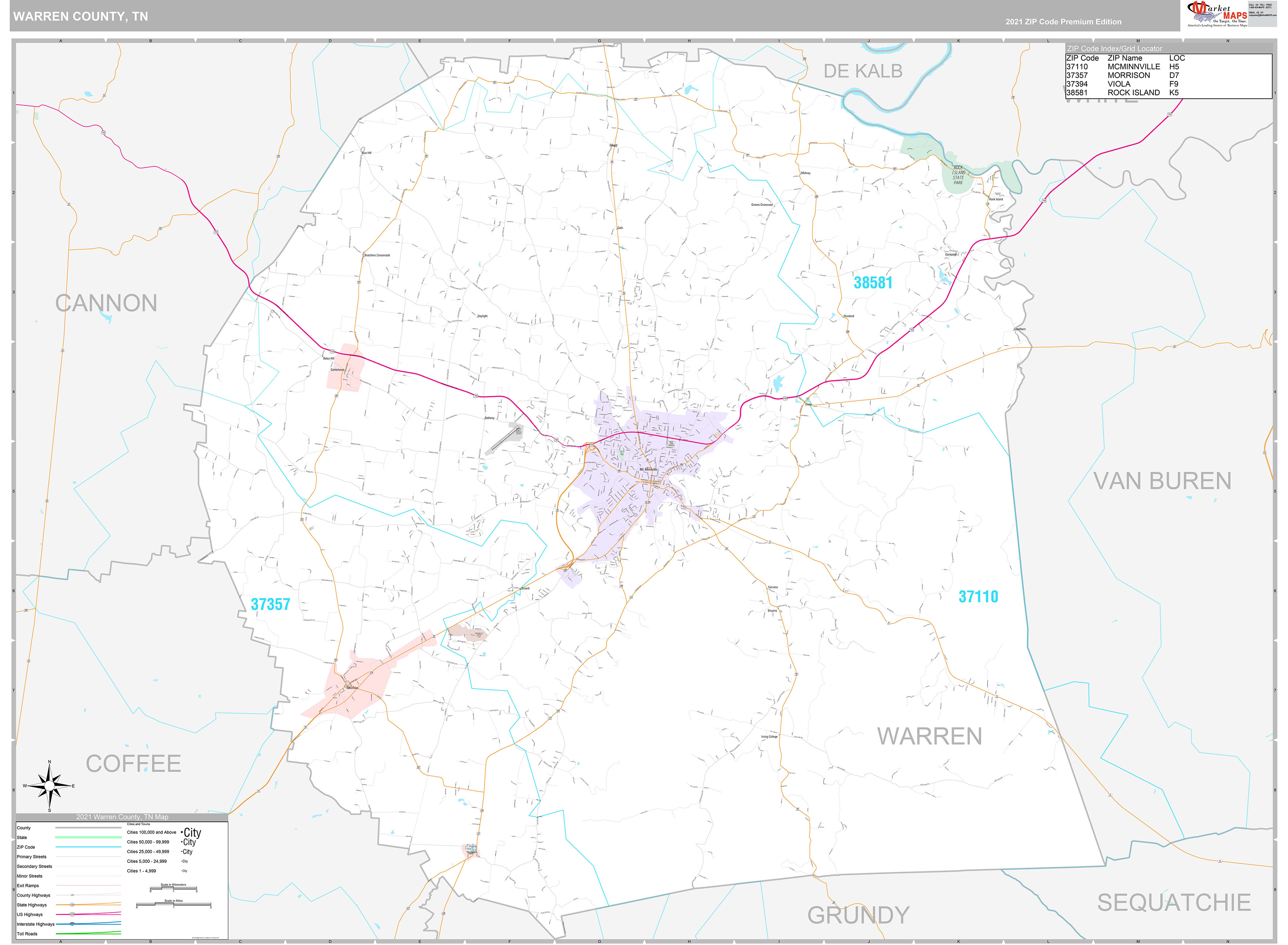 Warren County, TN Wall Map Premium Style by MarketMAPS - MapSales.com