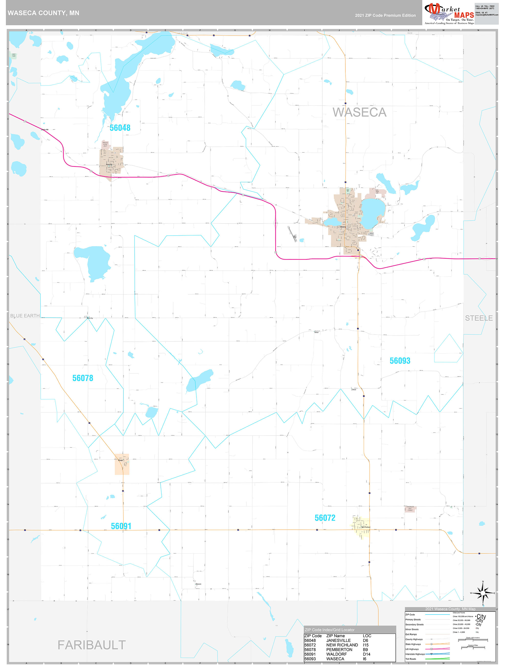 Waseca County, MN Wall Map Premium Style by MarketMAPS
