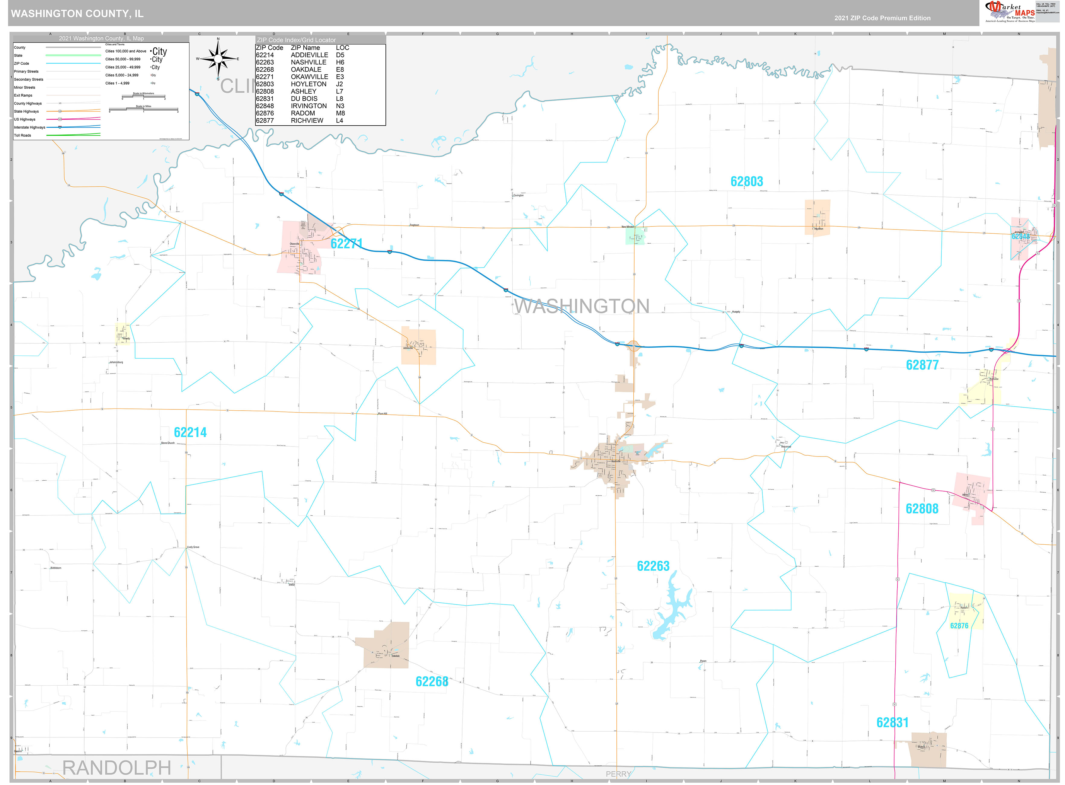 Washington County, IL Wall Map Premium Style by MarketMAPS
