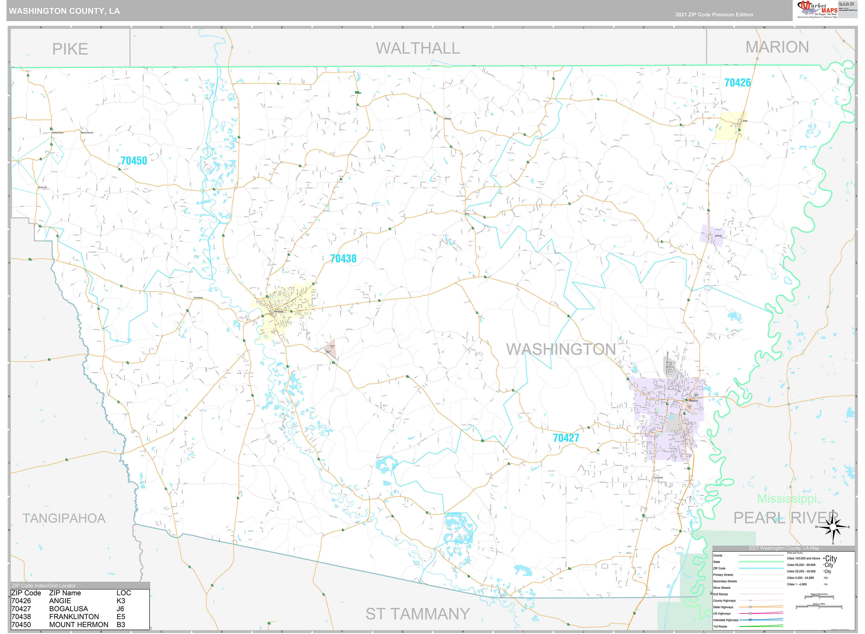 Washington County, LA Wall Map Premium Style by MarketMAPS