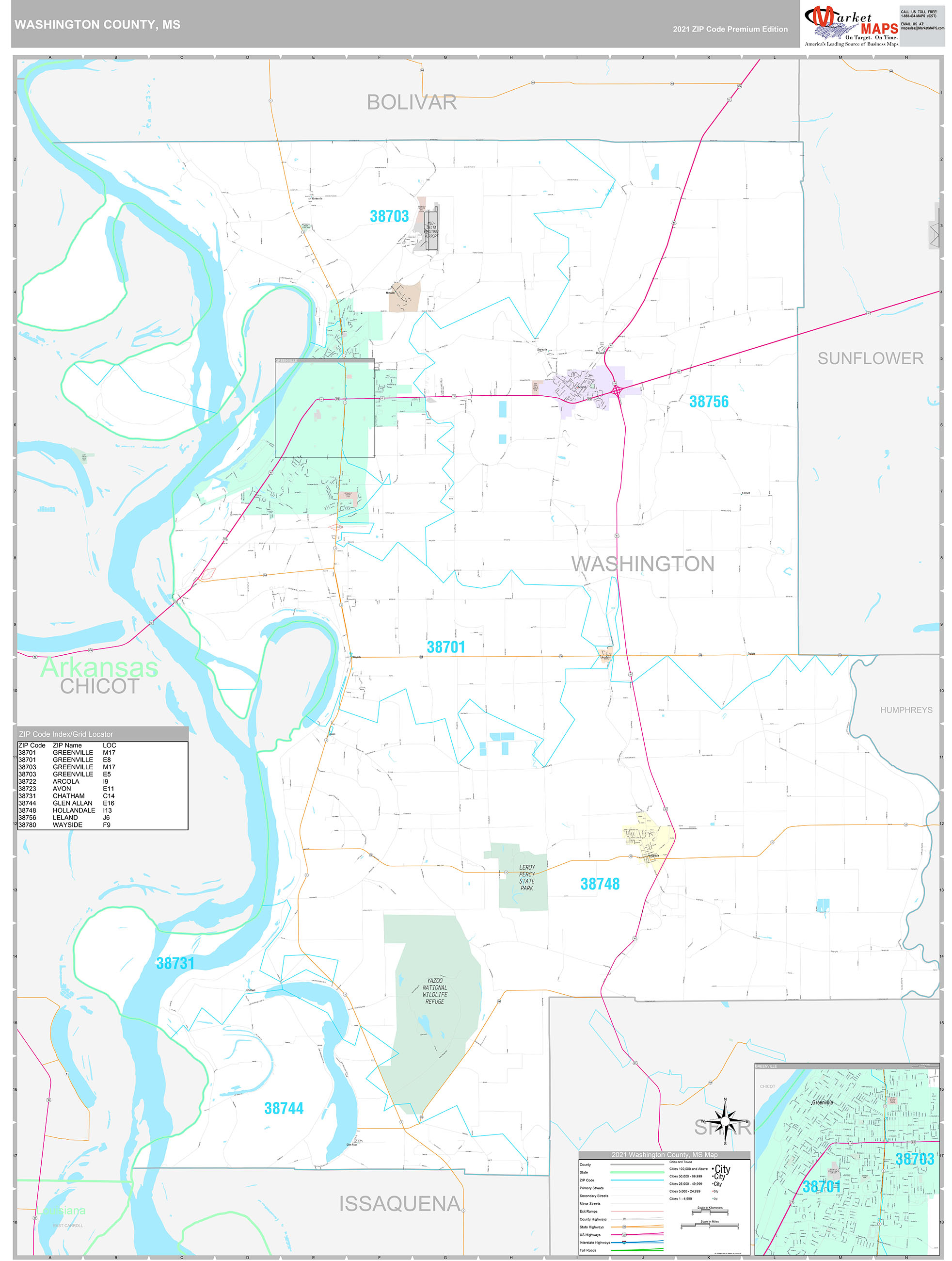 Washington County, MS Wall Map Premium Style by MarketMAPS MapSales
