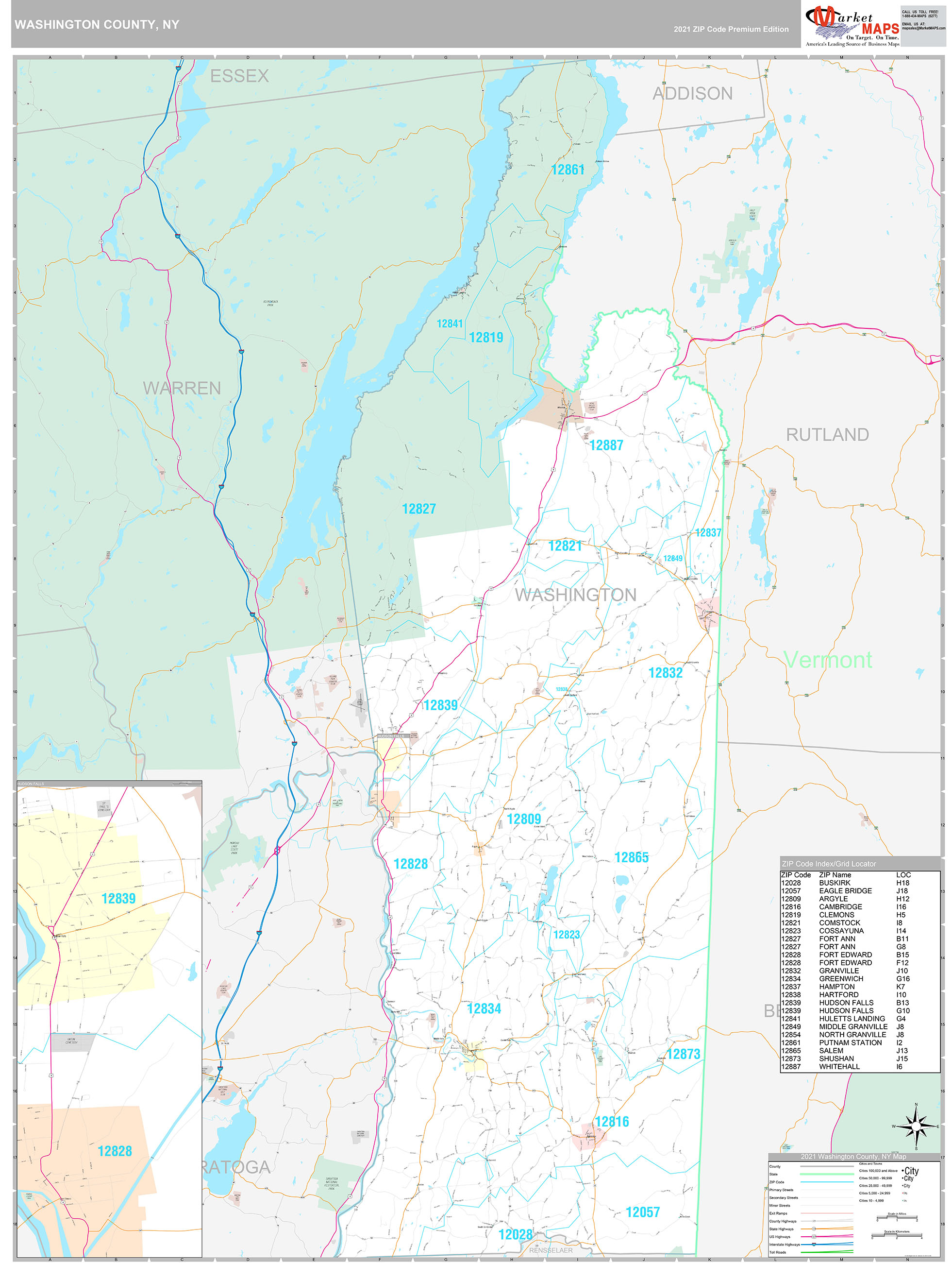 Washington County, NY Wall Map Premium Style by MarketMAPS