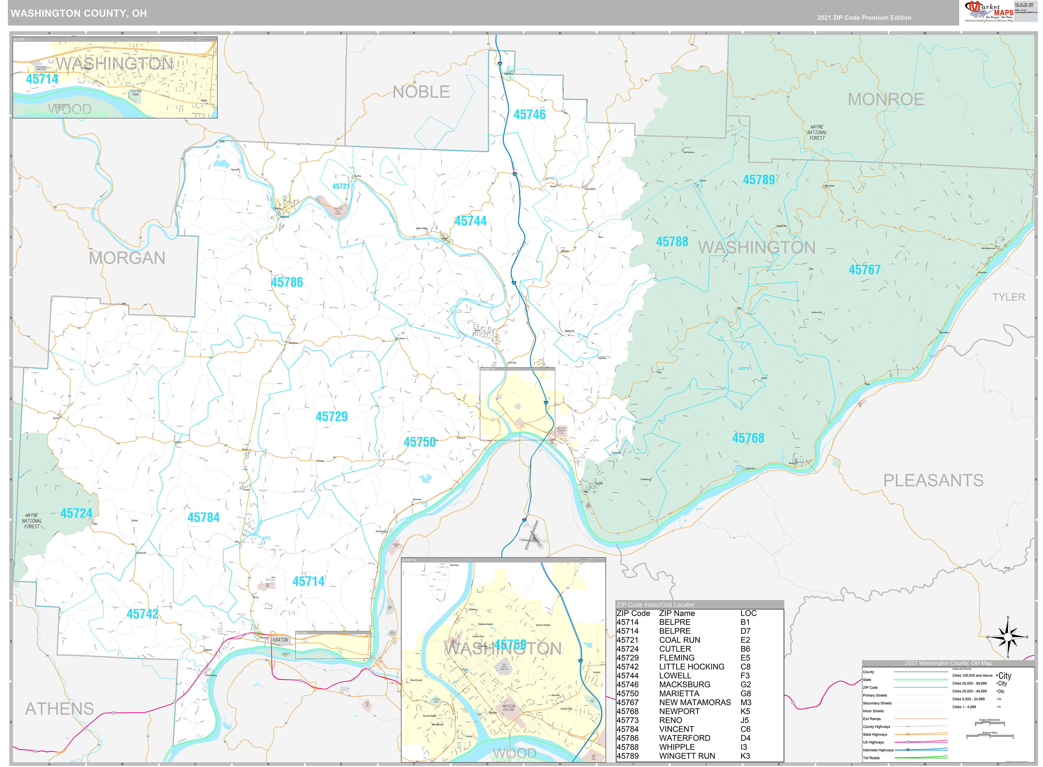 Washington County, OH Wall Map Premium Style by MarketMAPS MapSales