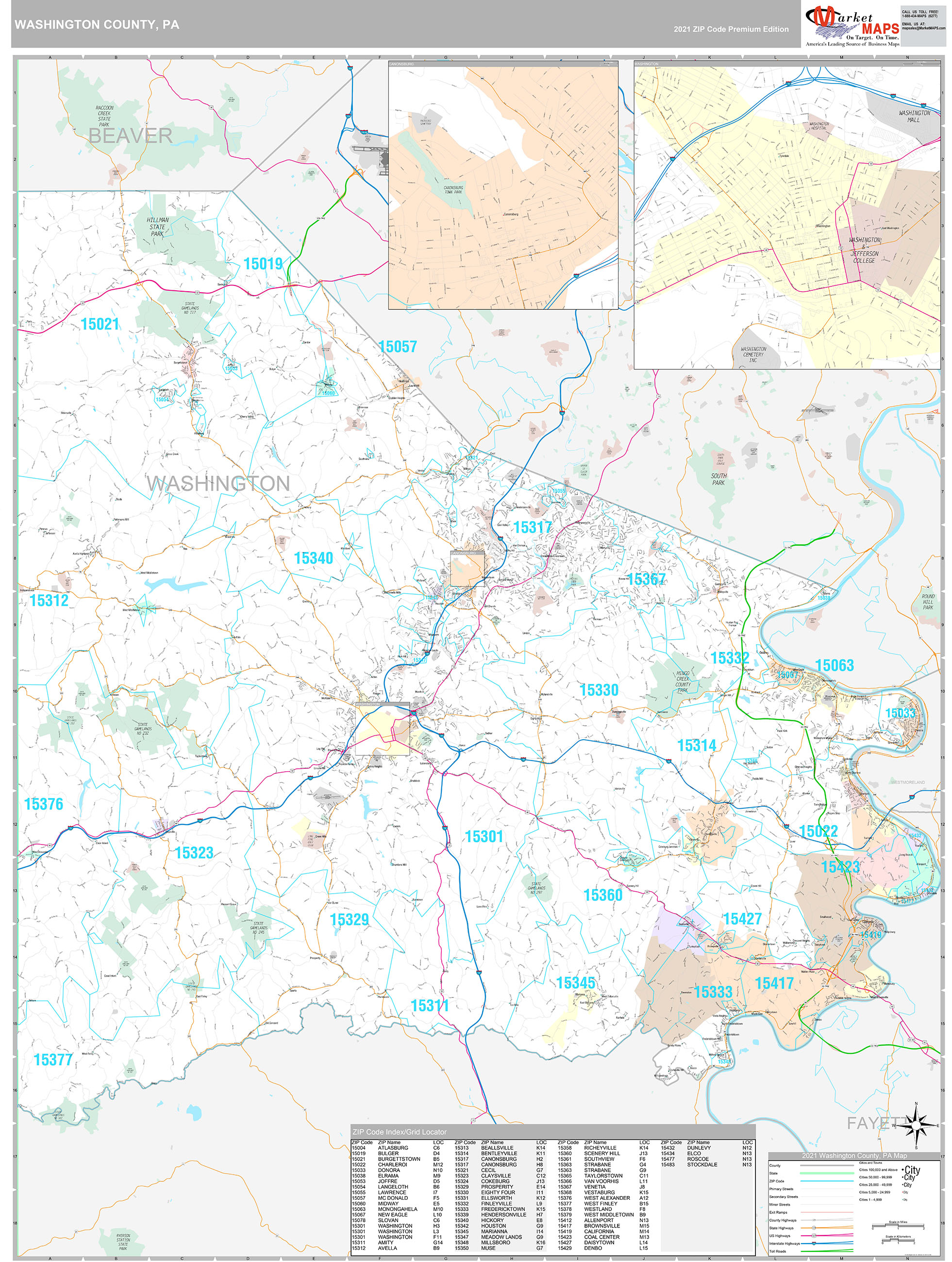 Washington County, PA Wall Map Premium Style by MarketMAPS MapSales