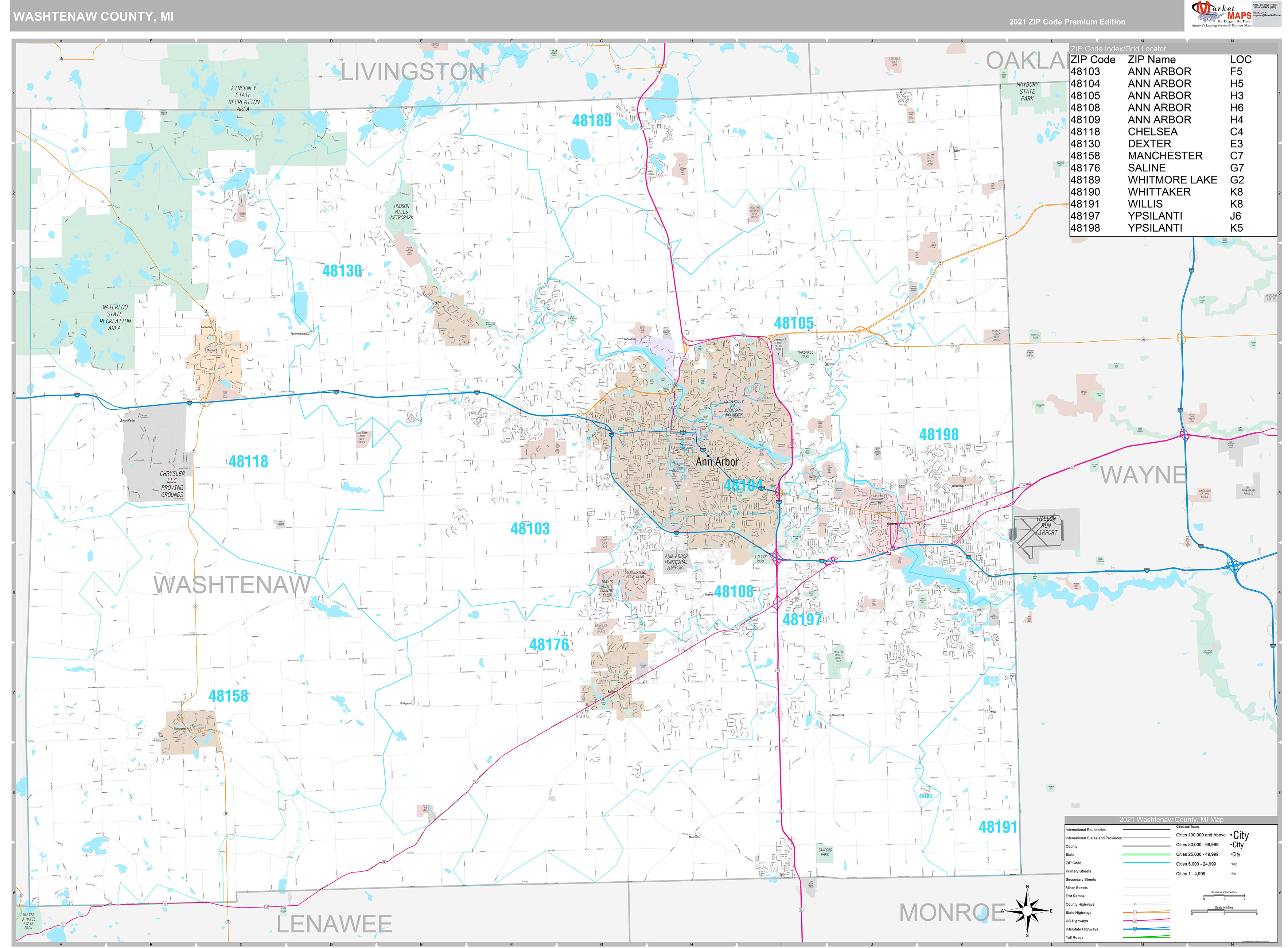 Washtenaw County, MI Wall Map Premium Style by MarketMAPS