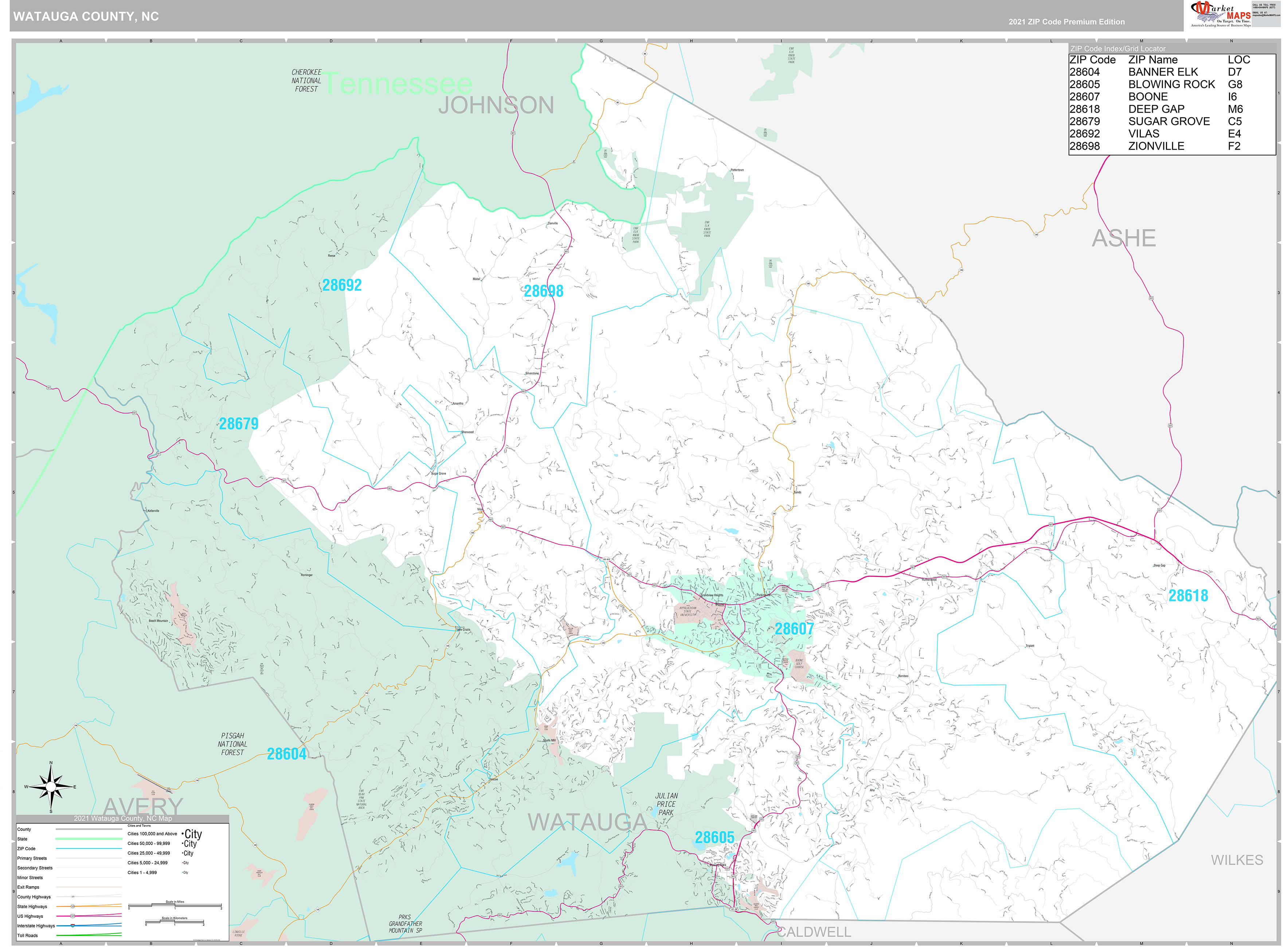Watauga County, NC Wall Map Premium Style by MarketMAPS