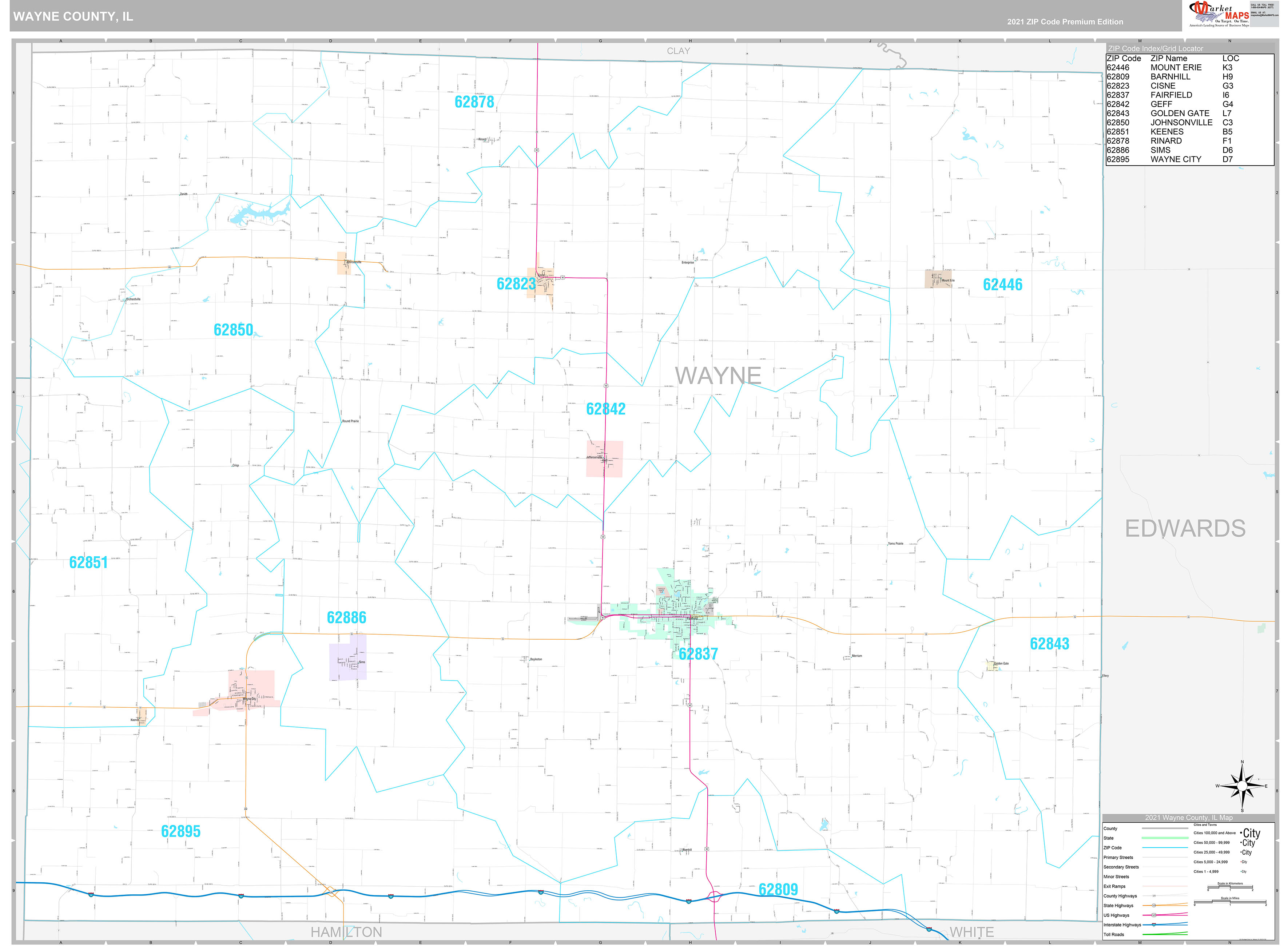 Wayne County, IL Wall Map Premium Style by MarketMAPS