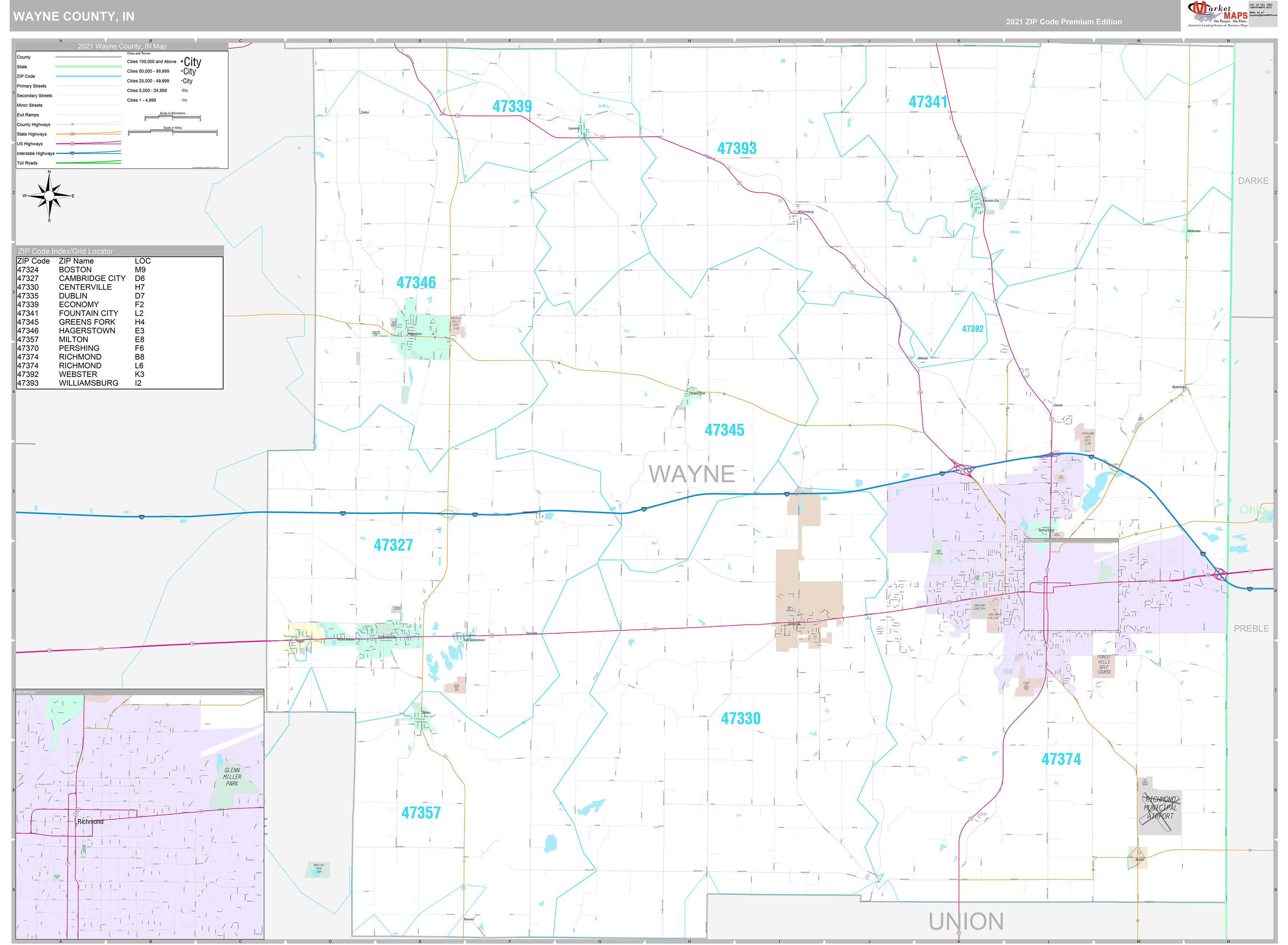 Wayne County, IN Wall Map Premium Style by MarketMAPS