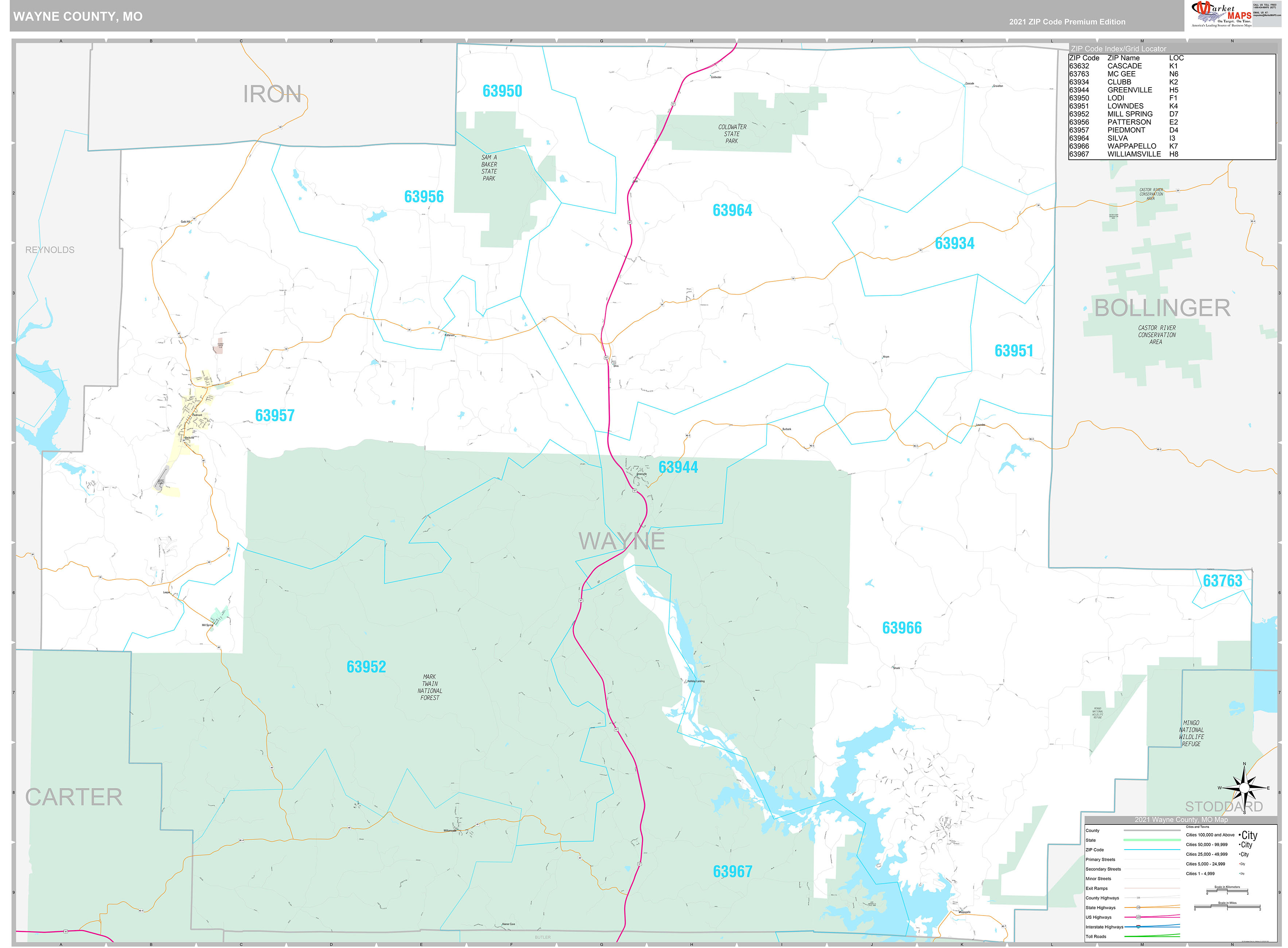 Wayne County, MO Wall Map Premium Style by MarketMAPS