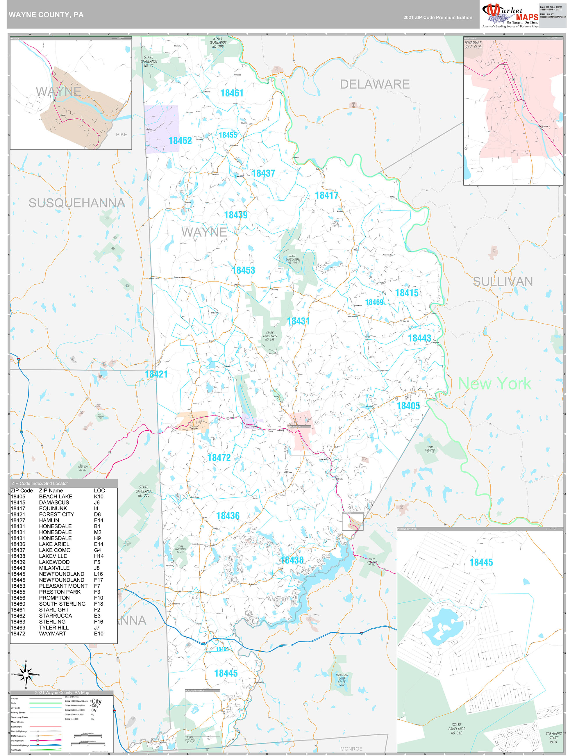 Wayne County, PA Wall Map Premium Style by MarketMAPS