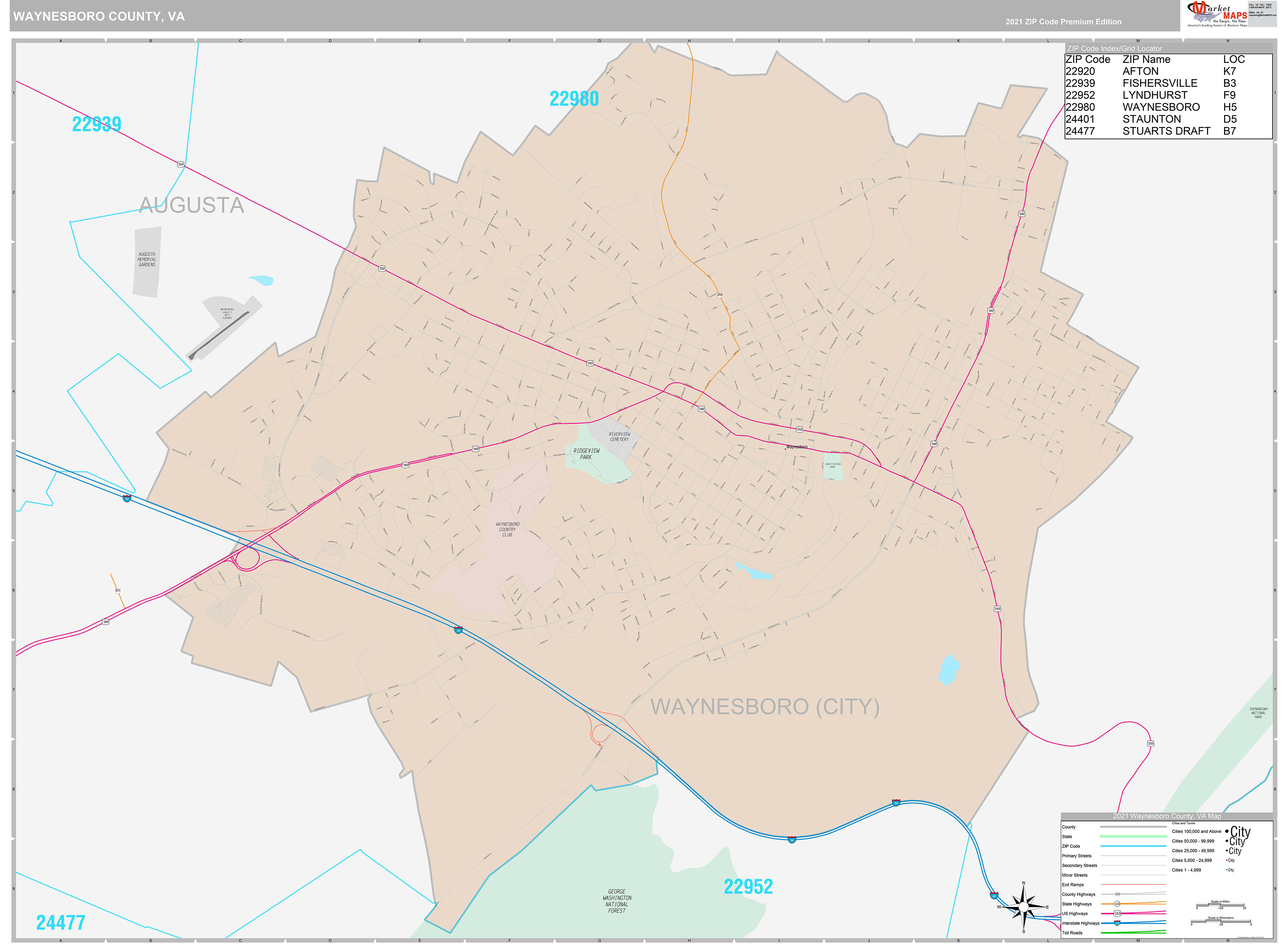 Waynesboro County, VA Wall Map Premium Style by MarketMAPS MapSales