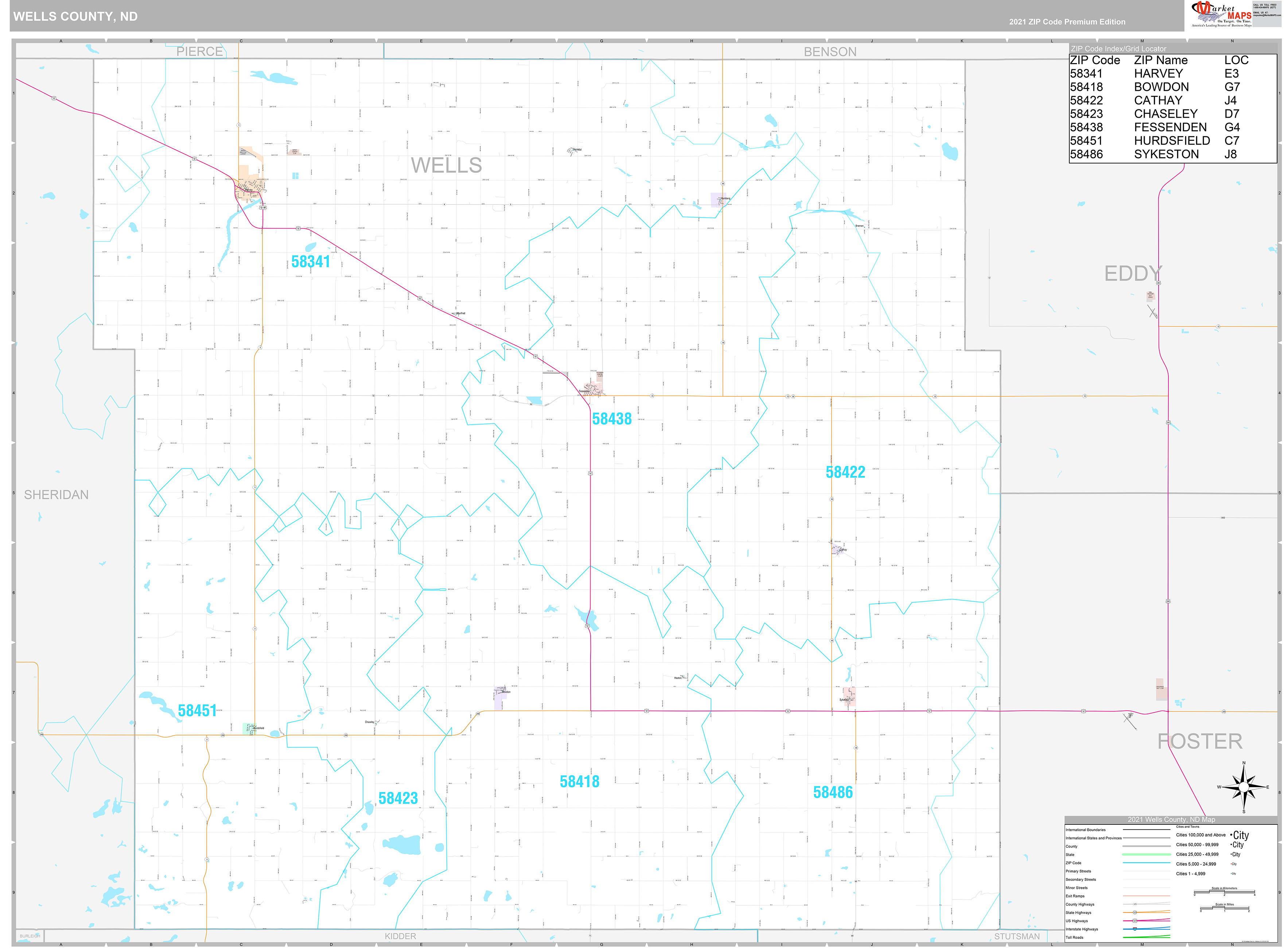 Wells County, ND Wall Map Premium Style by MarketMAPS