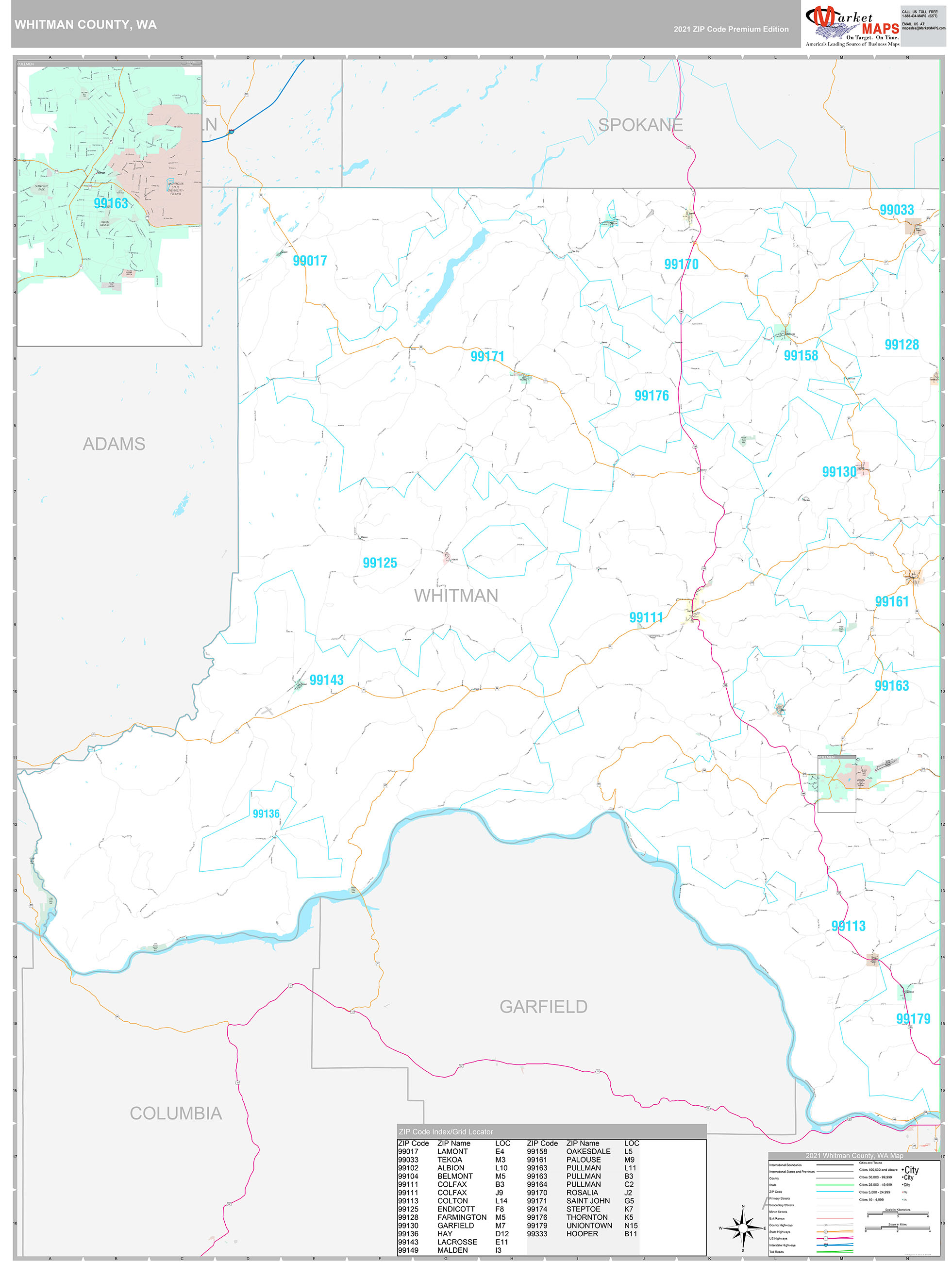Whitman County, WA Wall Map Premium Style by MarketMAPS
