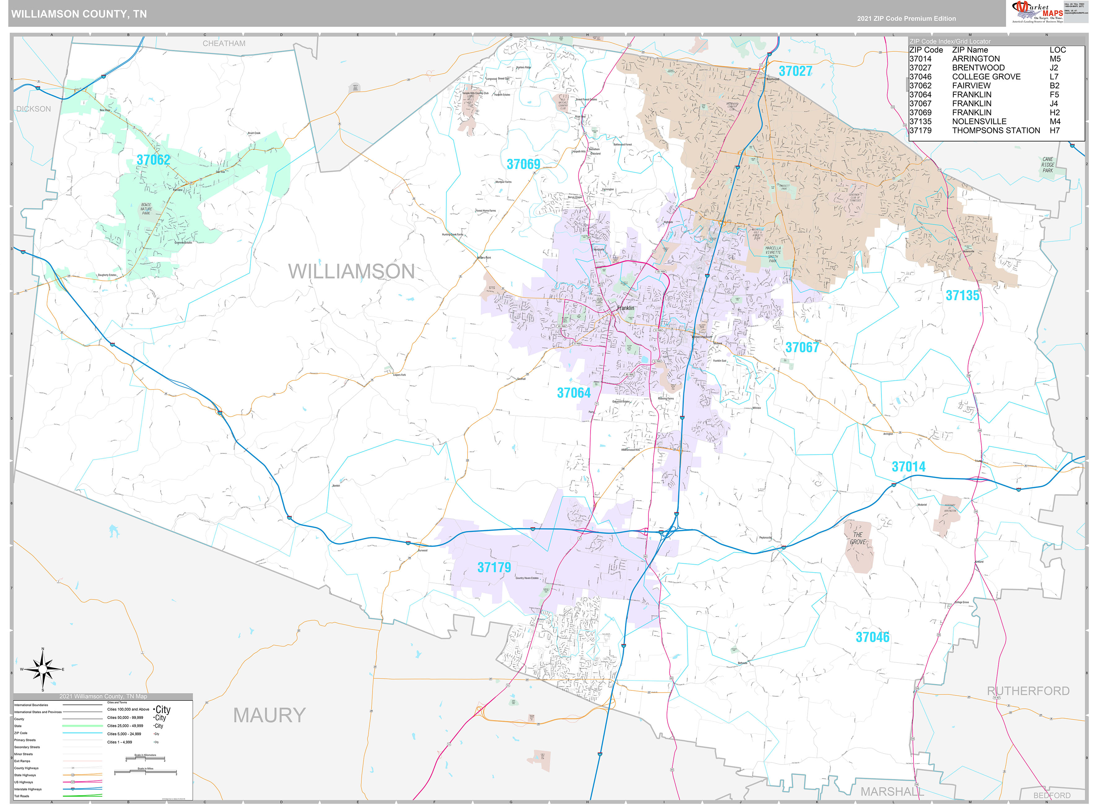 Williamson County, TN Wall Map Premium Style by MarketMAPS
