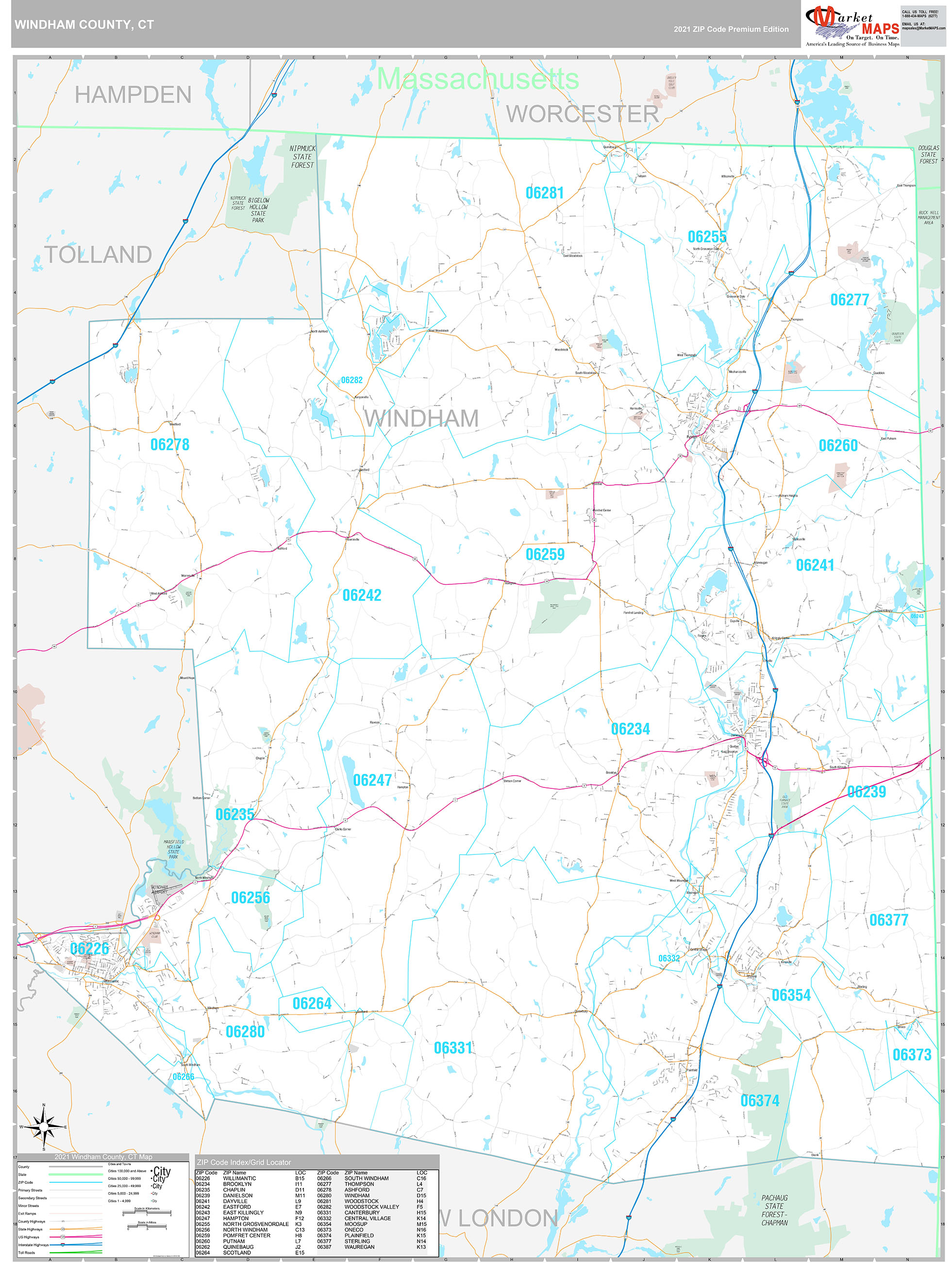 Windham County, CT Wall Map Premium Style by MarketMAPS