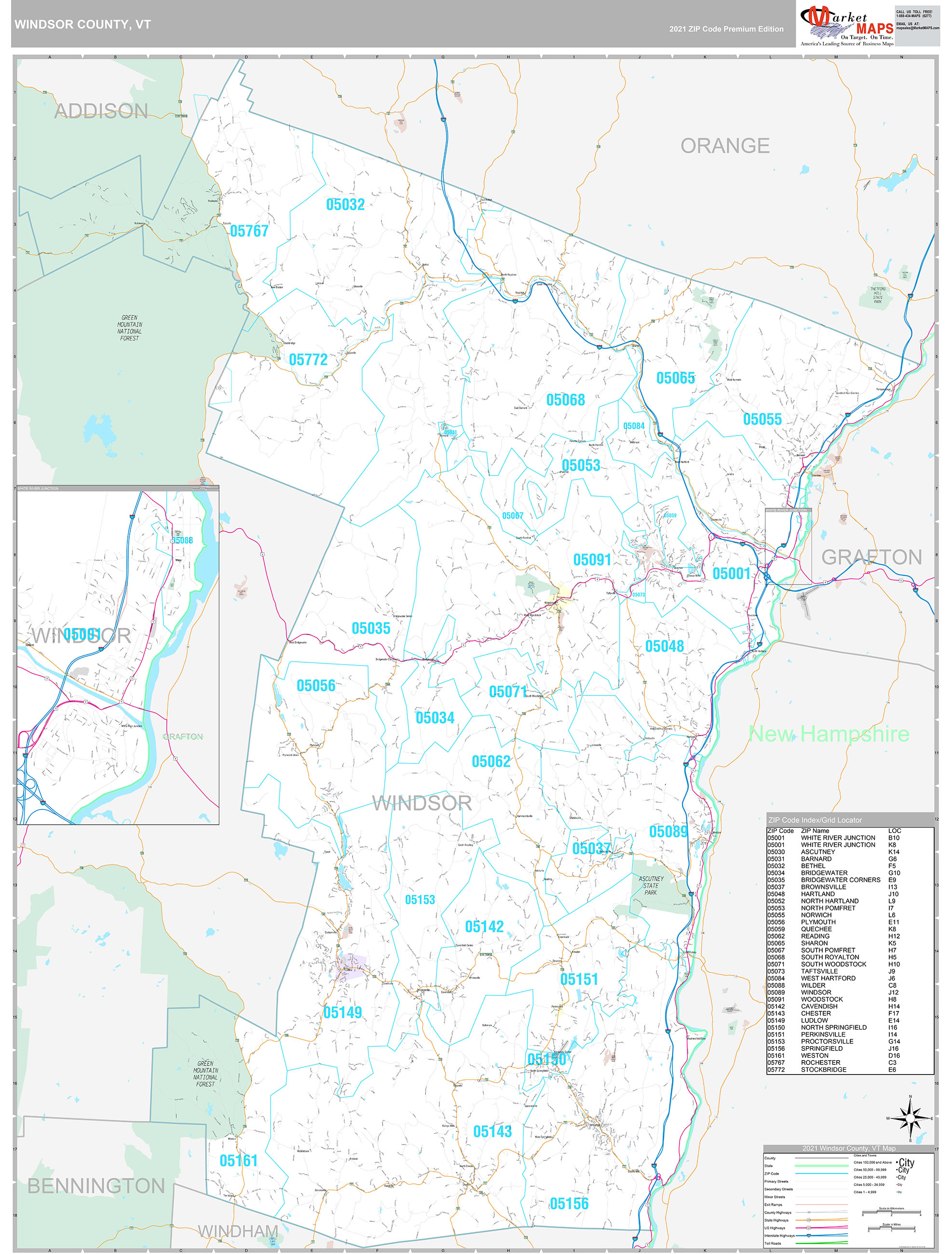 Windsor County, VT Wall Map Premium Style by MarketMAPS