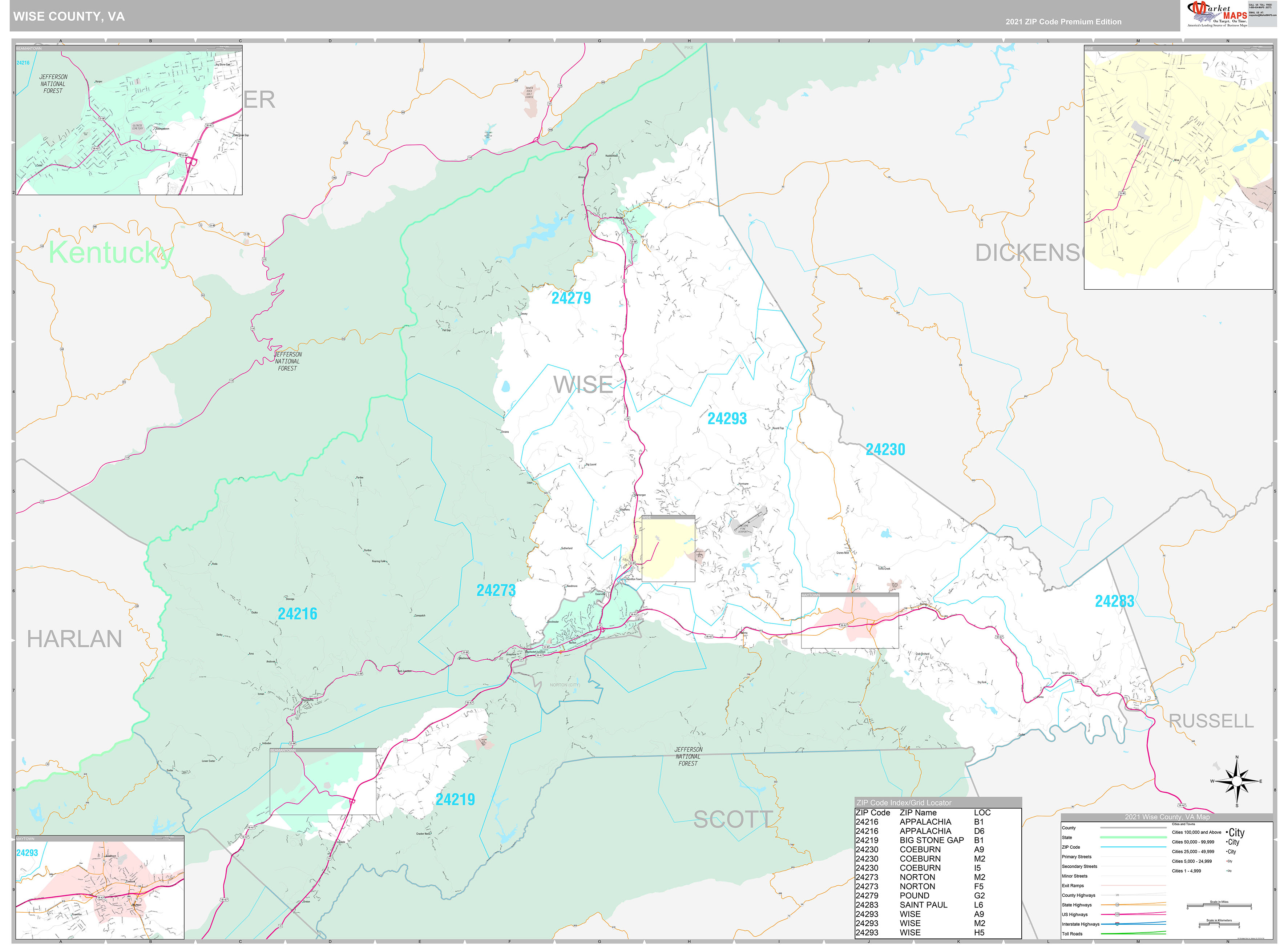 Wise County, VA Wall Map Premium Style by MarketMAPS MapSales