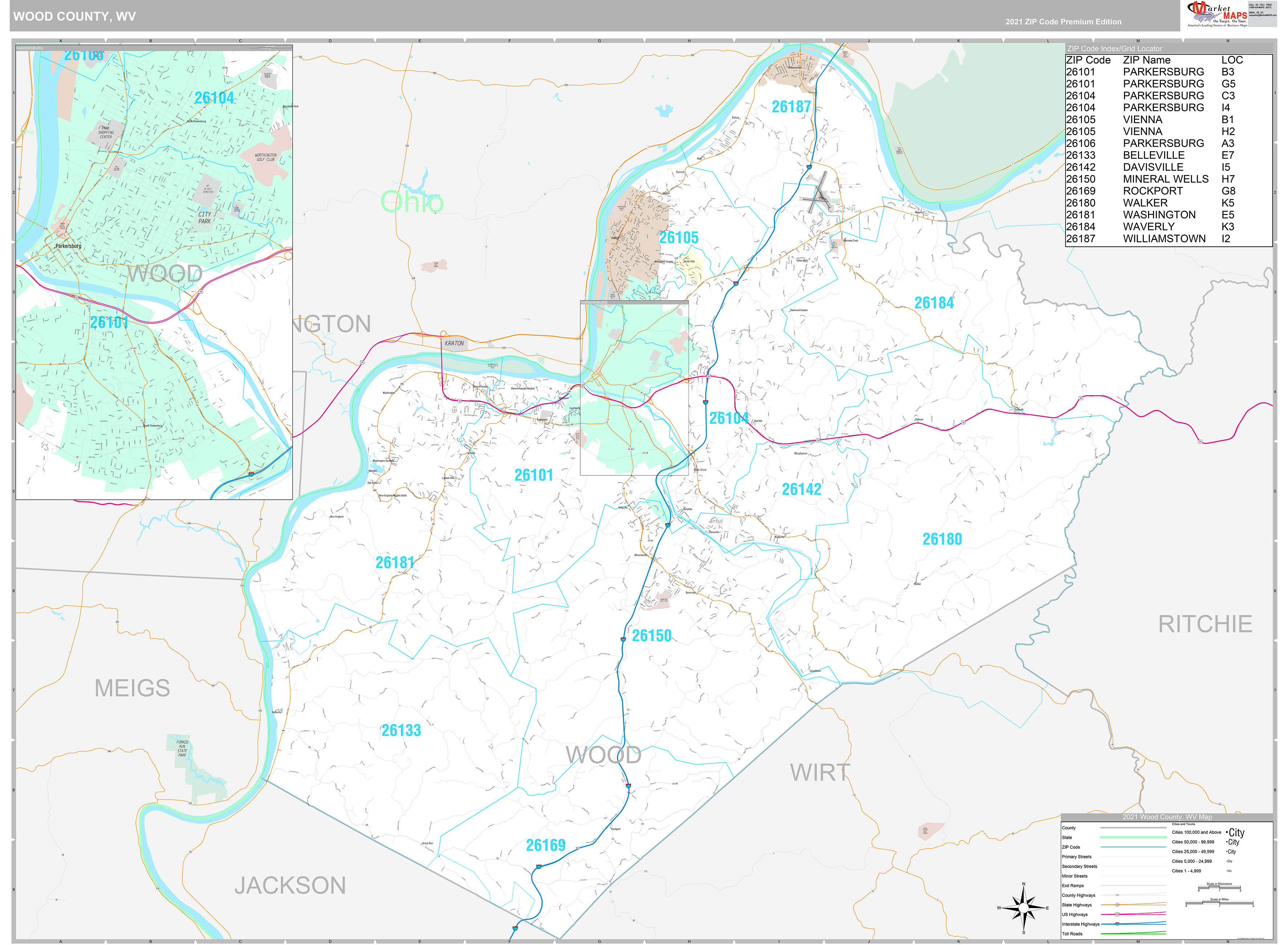 Wood County, WV Wall Map Premium Style by MarketMAPS MapSales