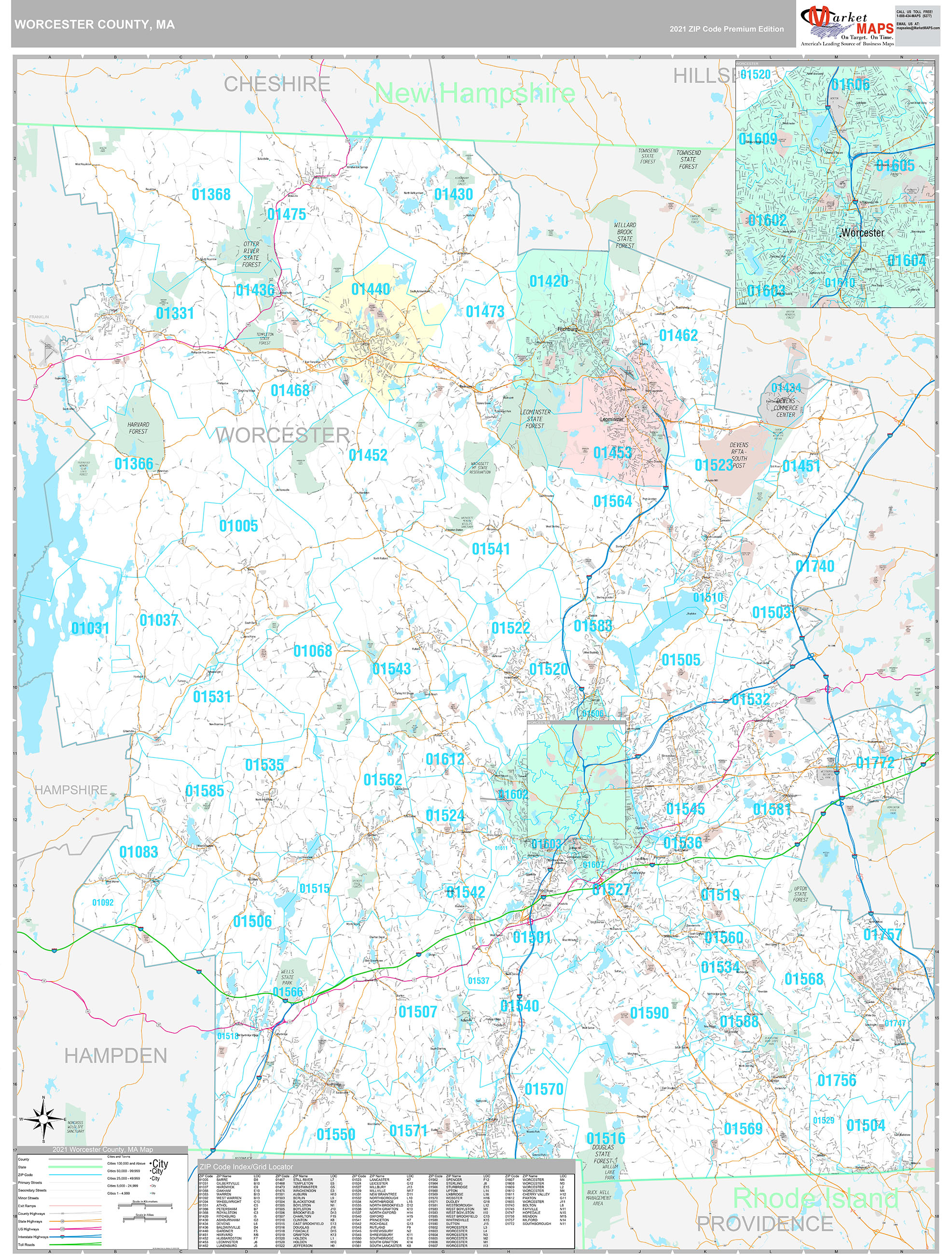 Worcester County, MA Wall Map Premium Style by MarketMAPS MapSales