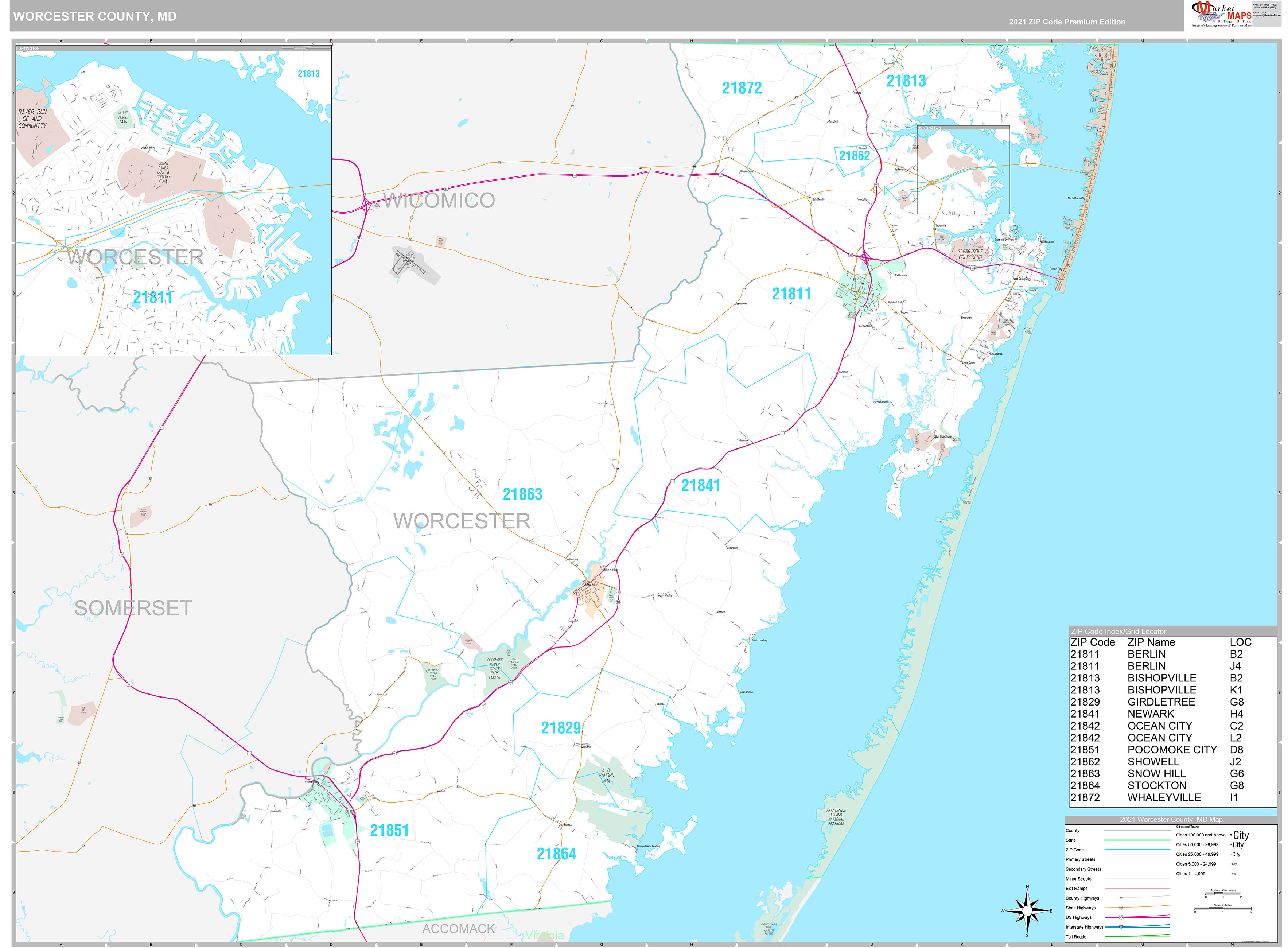 Worcester County, MD Wall Map Premium Style by MarketMAPS