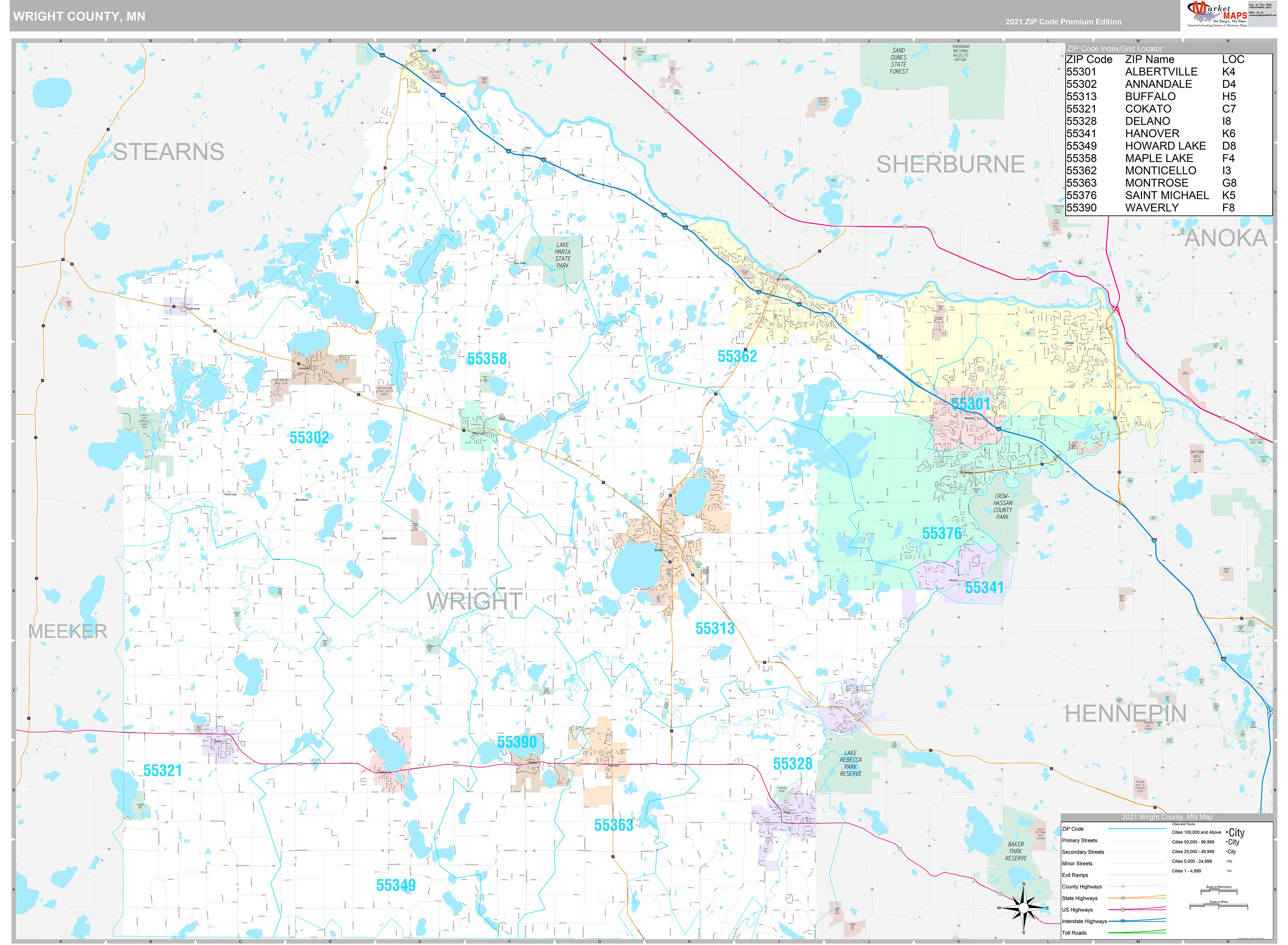 Wright County, MN Wall Map Premium Style by MarketMAPS