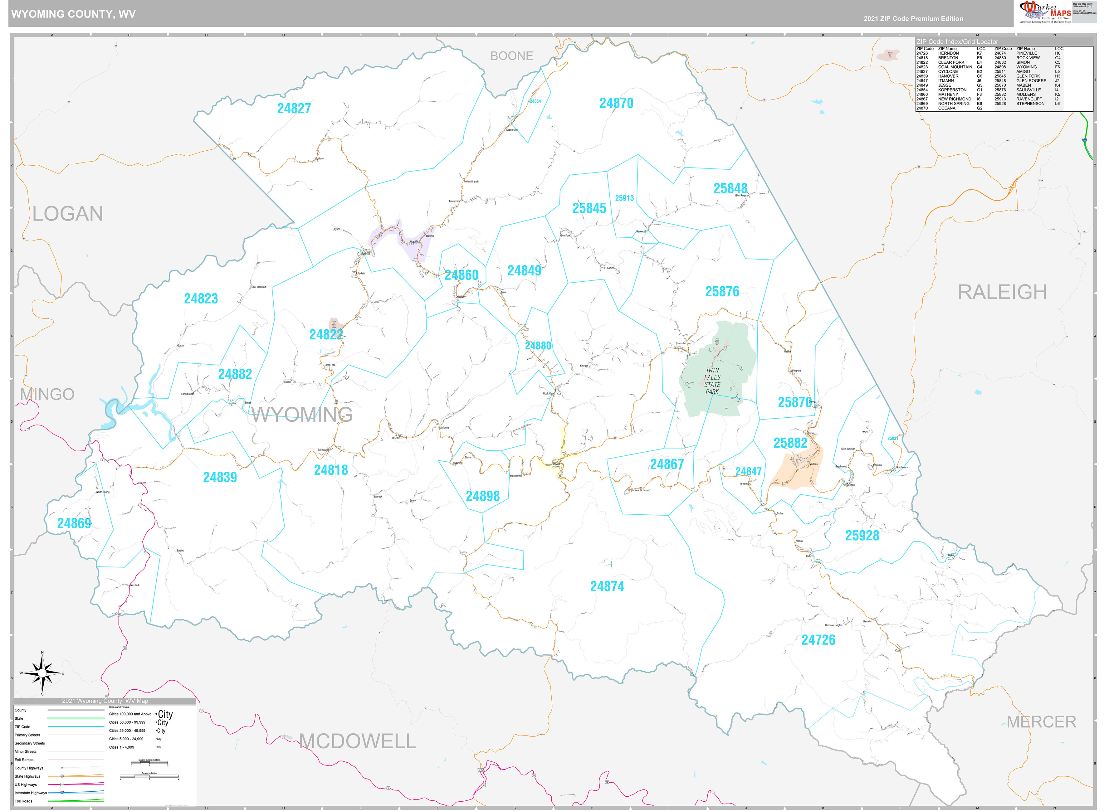 Wyoming County, WV Wall Map Premium Style by MarketMAPS