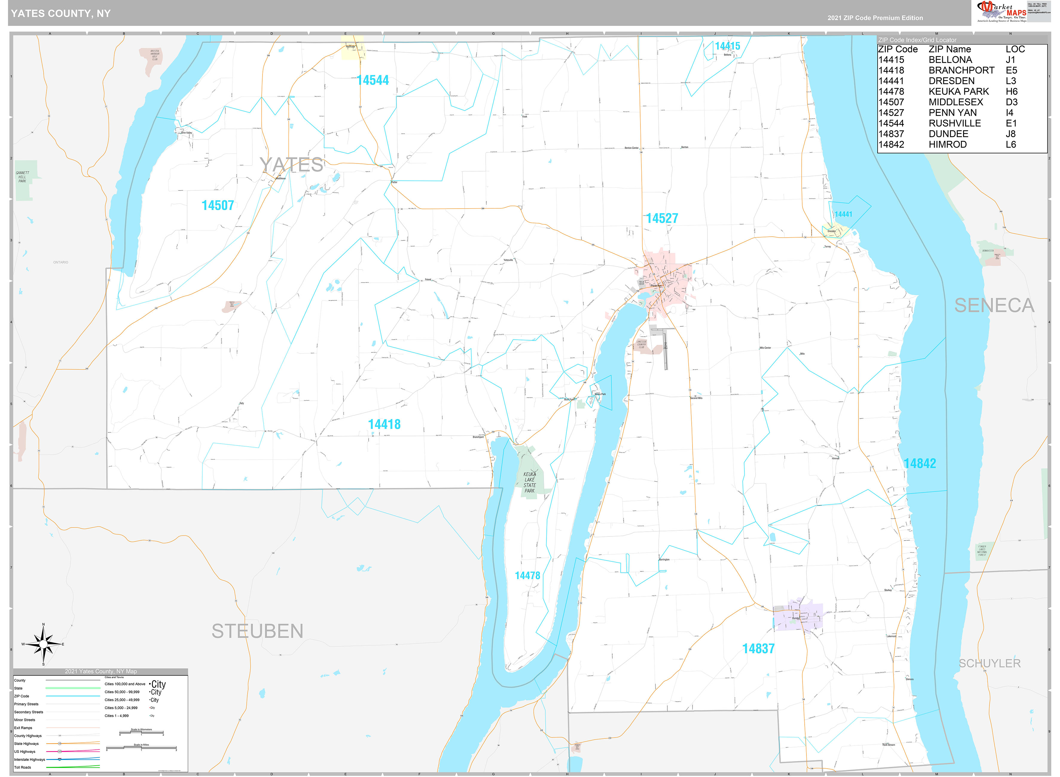 Yates County, NY Wall Map Premium Style by MarketMAPS