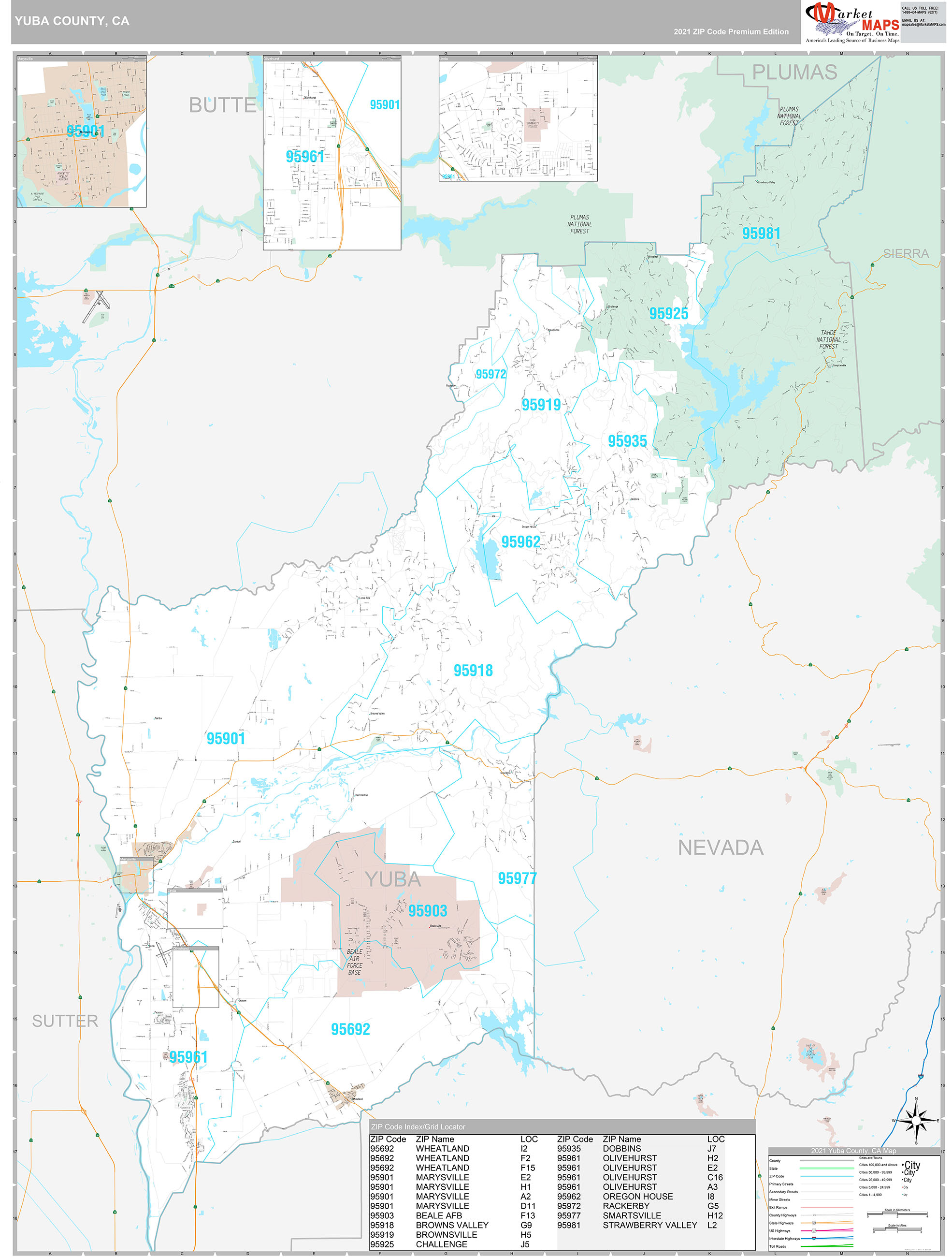 Yuba County CA Wall Map Premium Style By MarketMAPS
