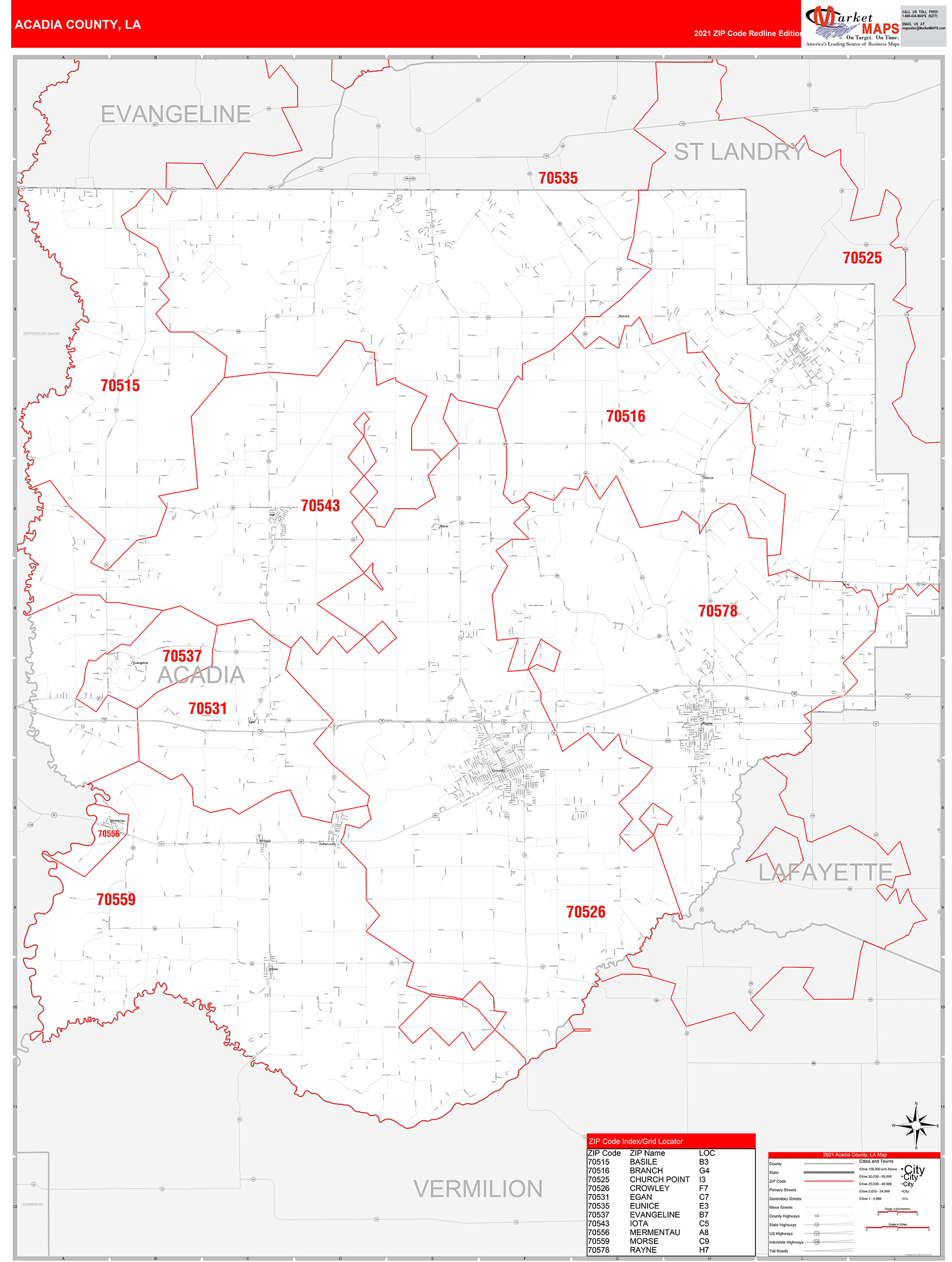 Acadia County, LA Zip Code Wall Map Red Line Style by MarketMAPS