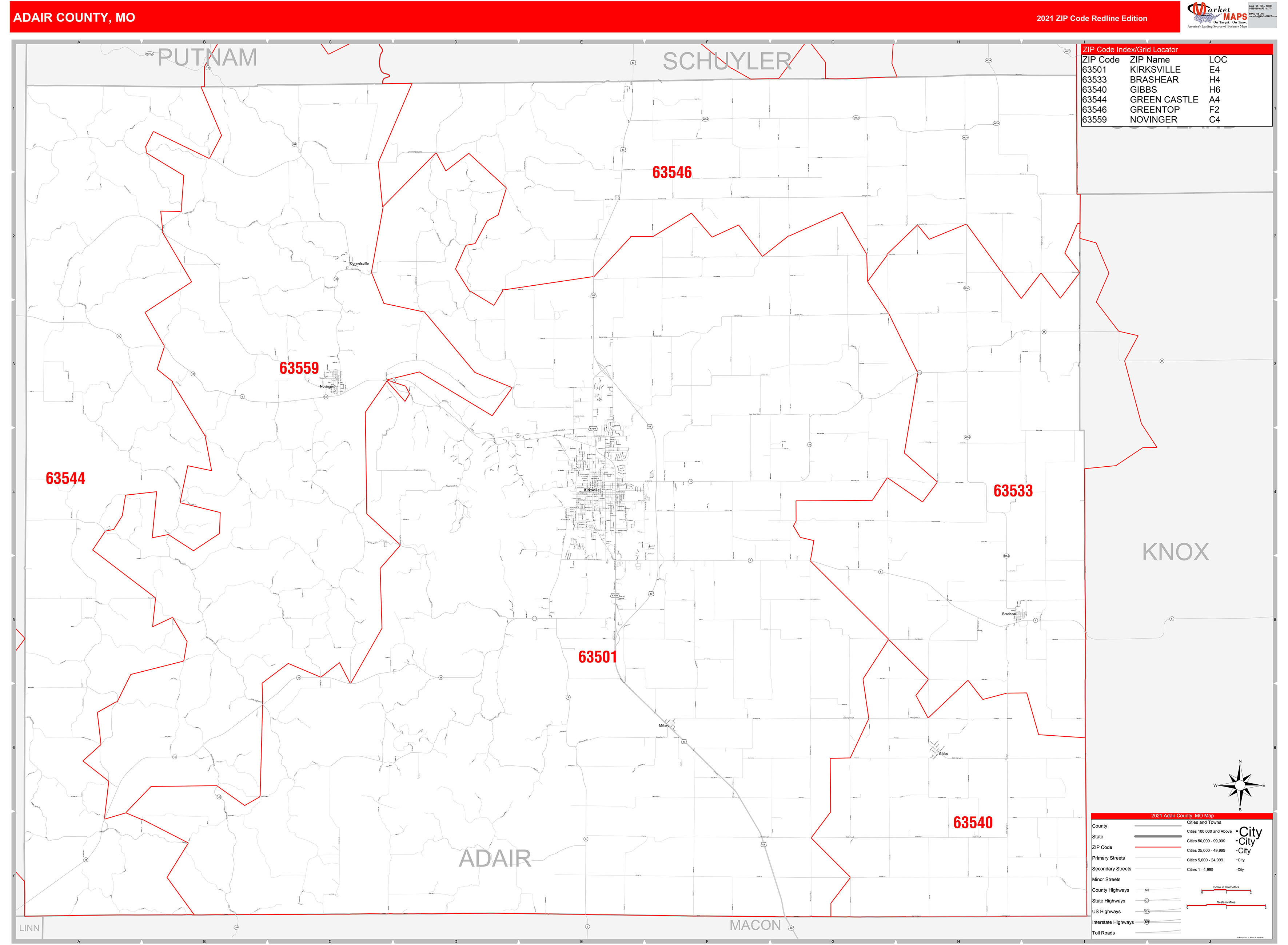 Adair County, MO Zip Code Wall Map Red Line Style by MarketMAPS MapSales
