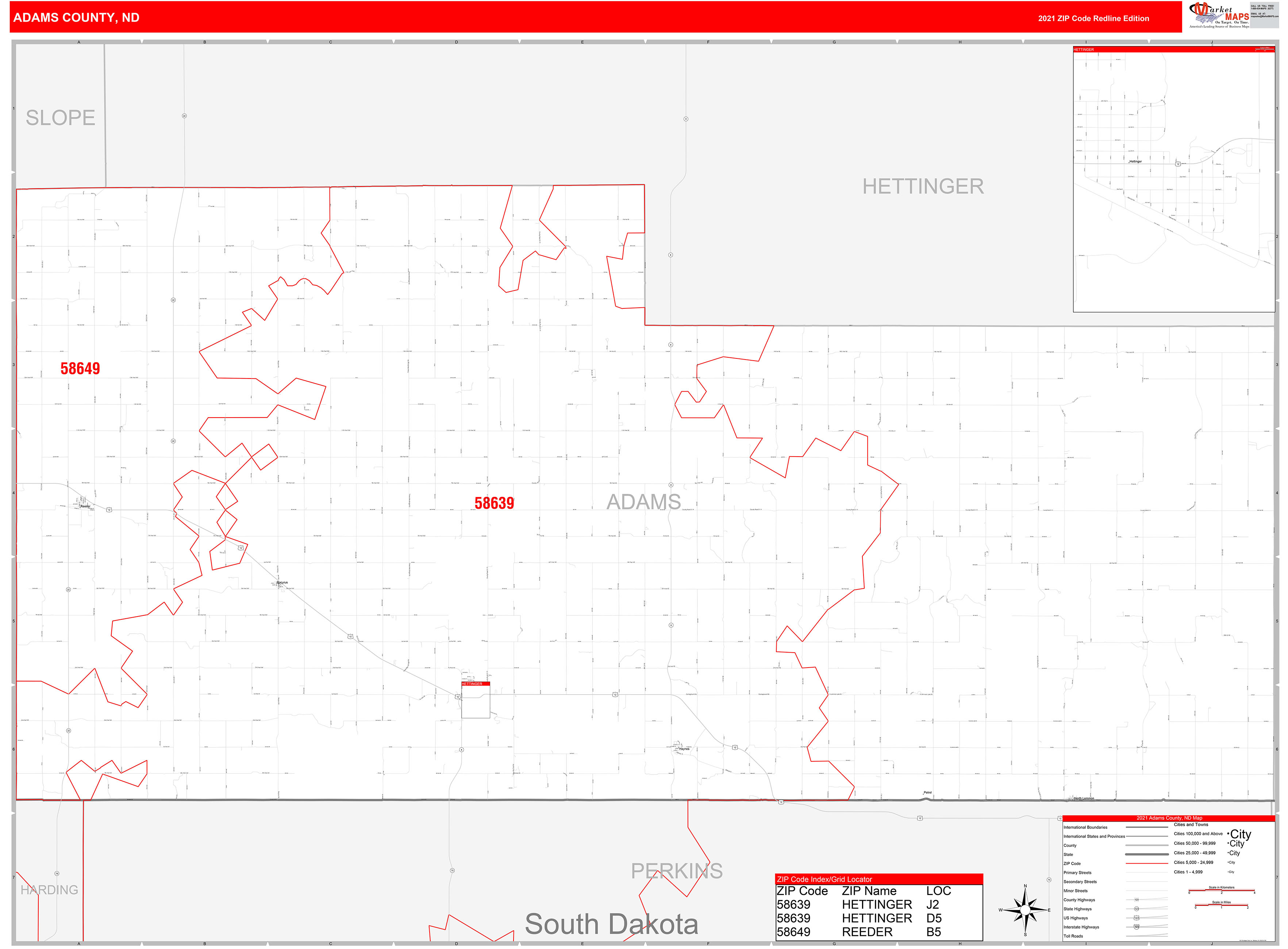 Adams County, ND Zip Code Wall Map Red Line Style by MarketMAPS