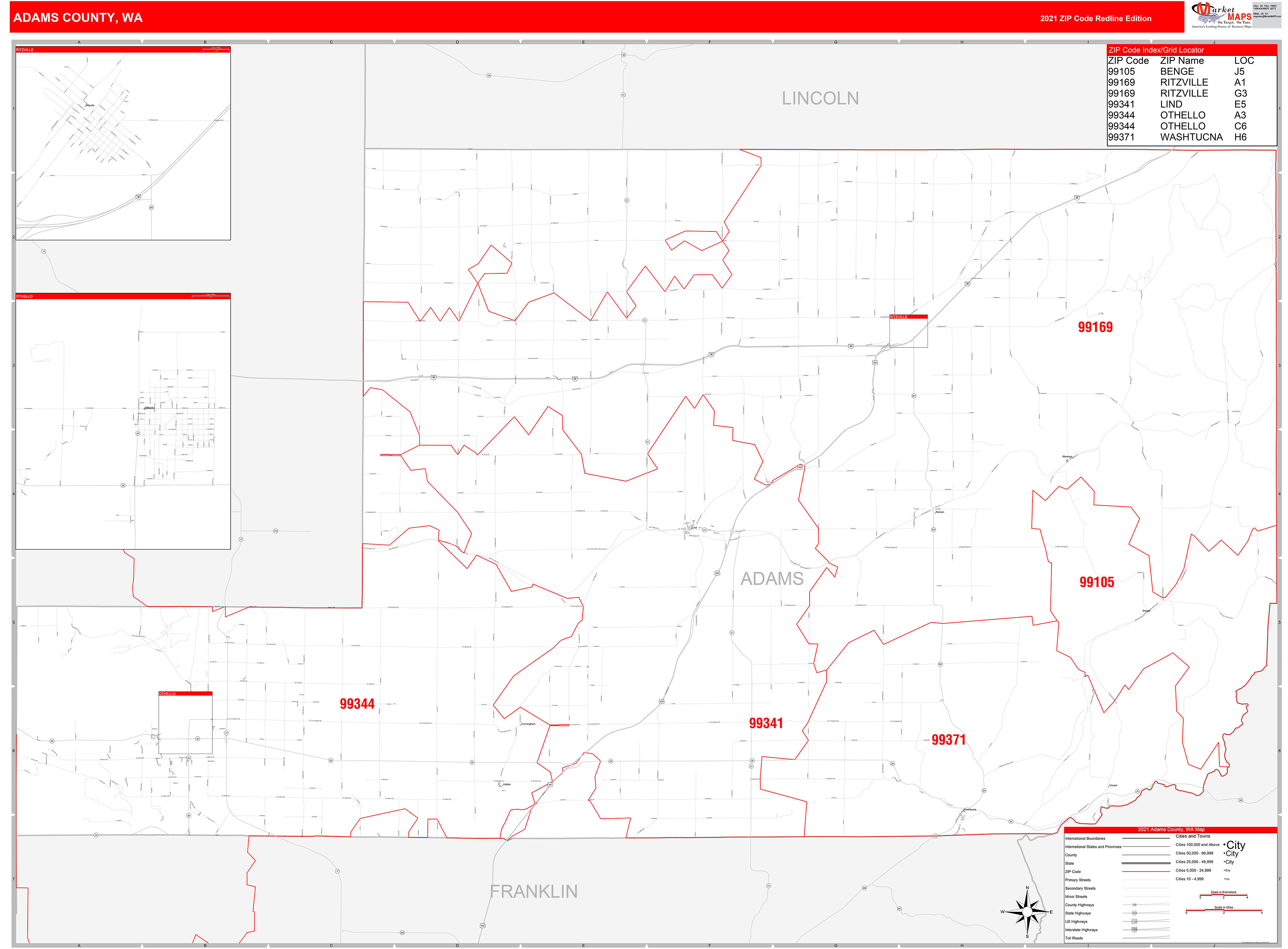 Adams County, WA Zip Code Wall Map Red Line Style by MarketMAPS