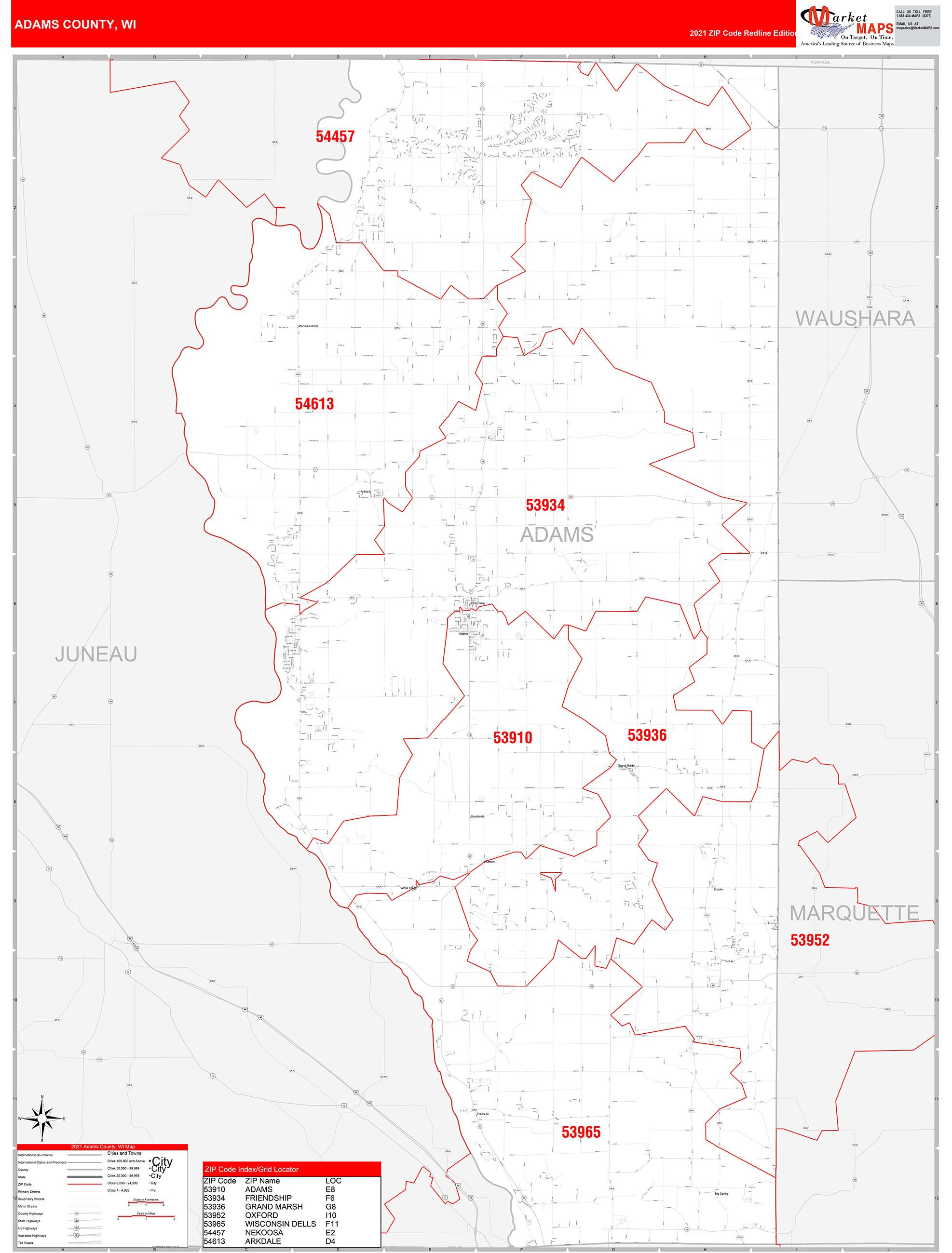 Adams County, WI Zip Code Wall Map Red Line Style by MarketMAPS MapSales