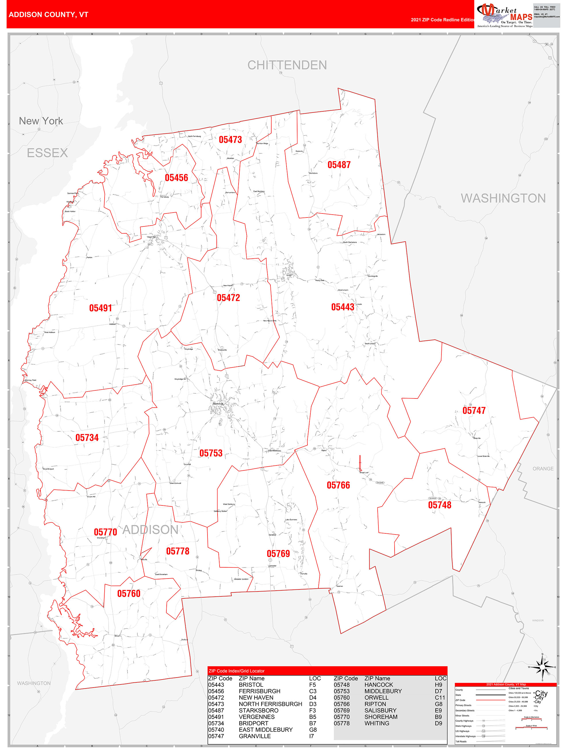 Addison County, VT Zip Code Wall Map Red Line Style by MarketMAPS