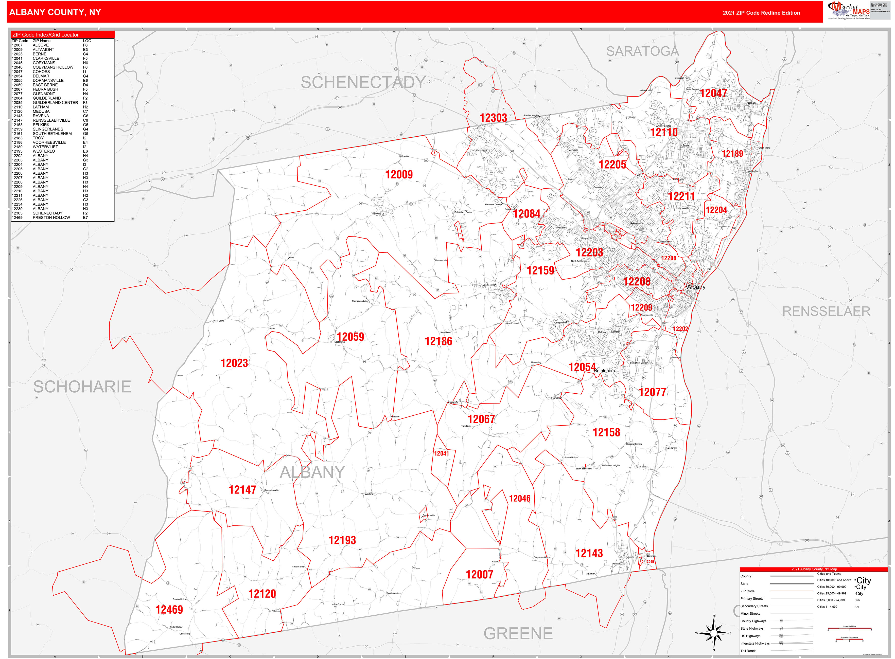 Albany County Ny Zip Code Wall Map Red Line Style By Marketmaps Mapsales