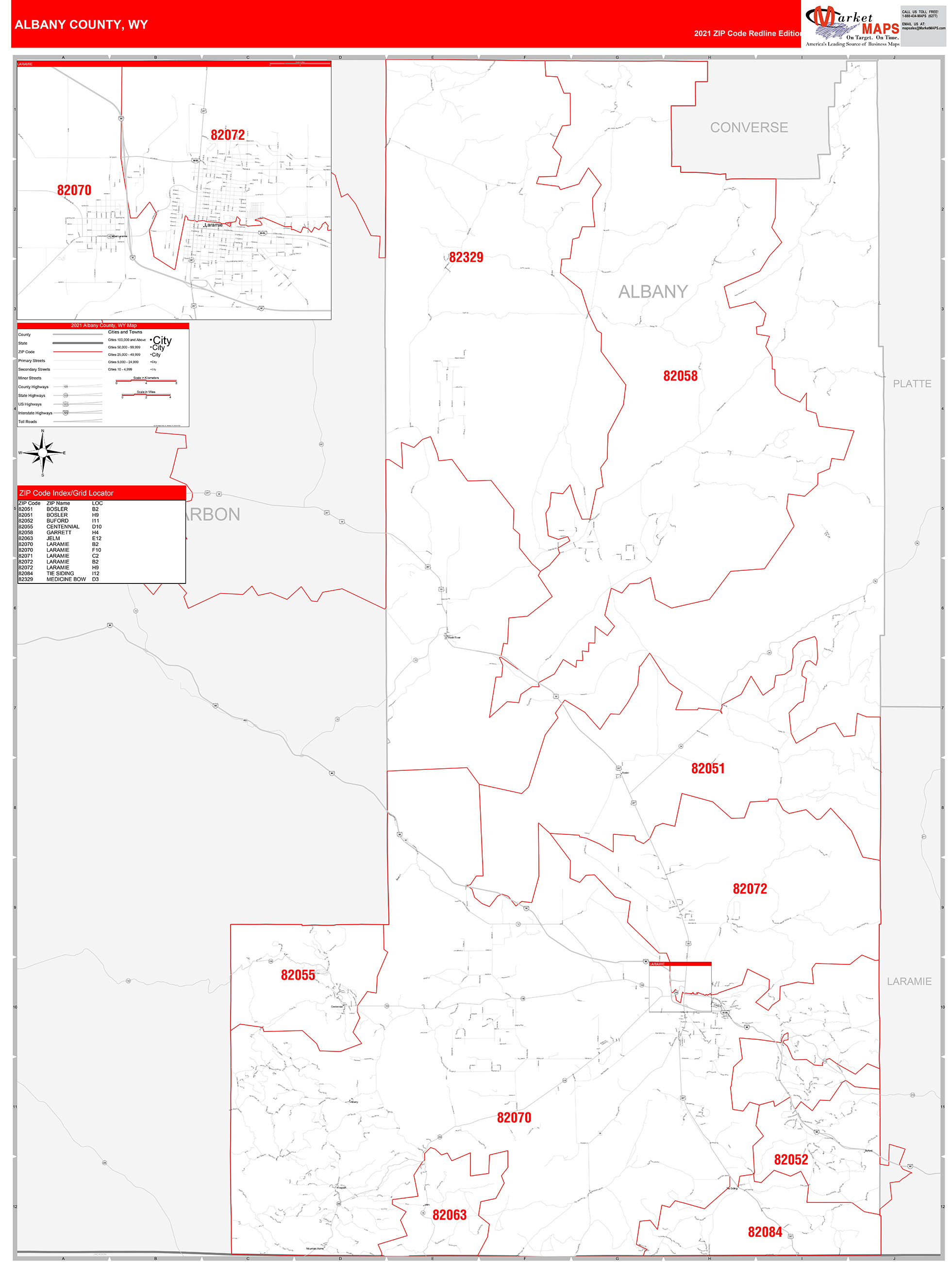 Albany County, WY Zip Code Wall Map Red Line Style by MarketMAPS